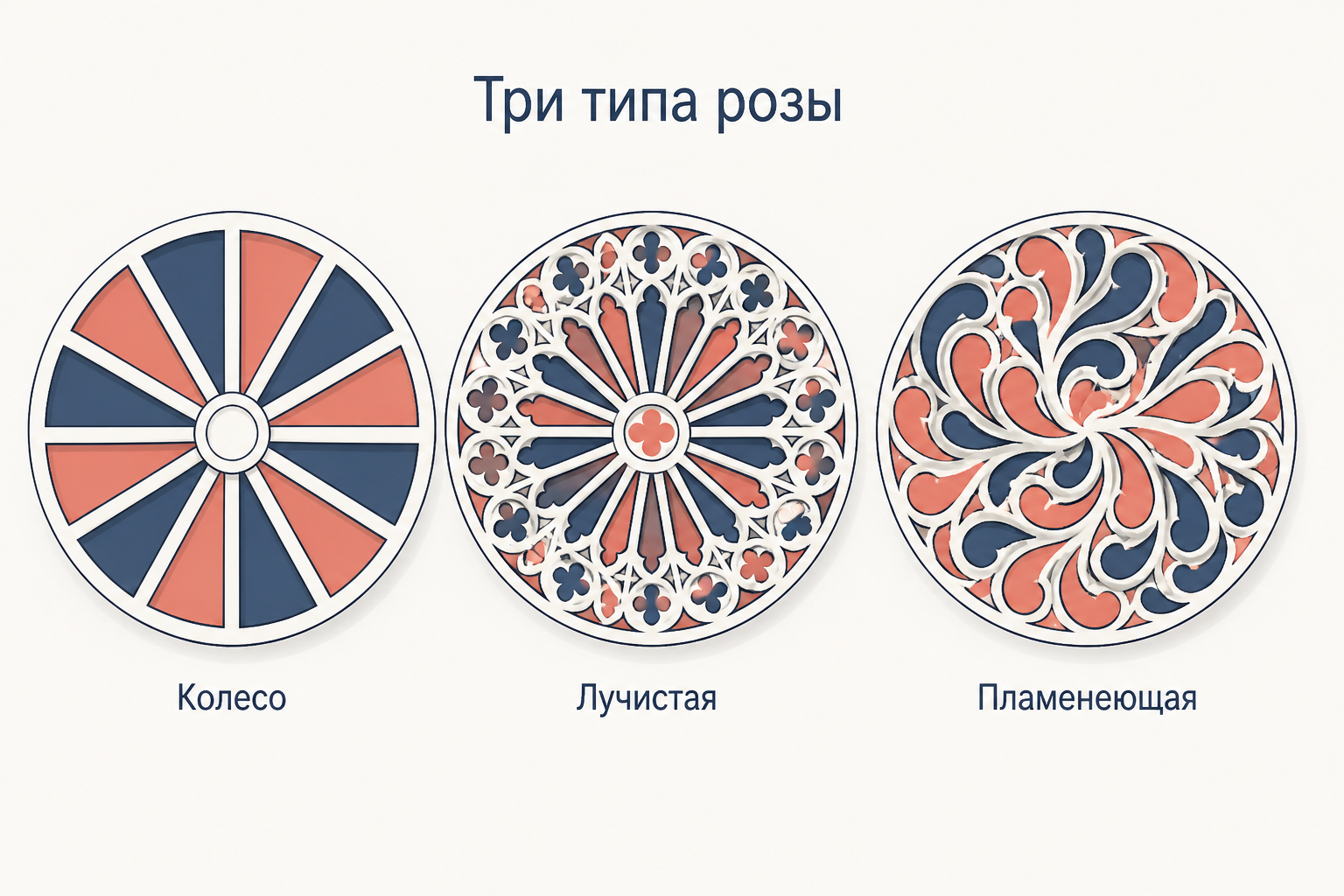 Три круглых окна в ряд для сравнения рисунка переплёта: спицевое колесо, радиальный лучистый узор и текучий пламенеющий узор