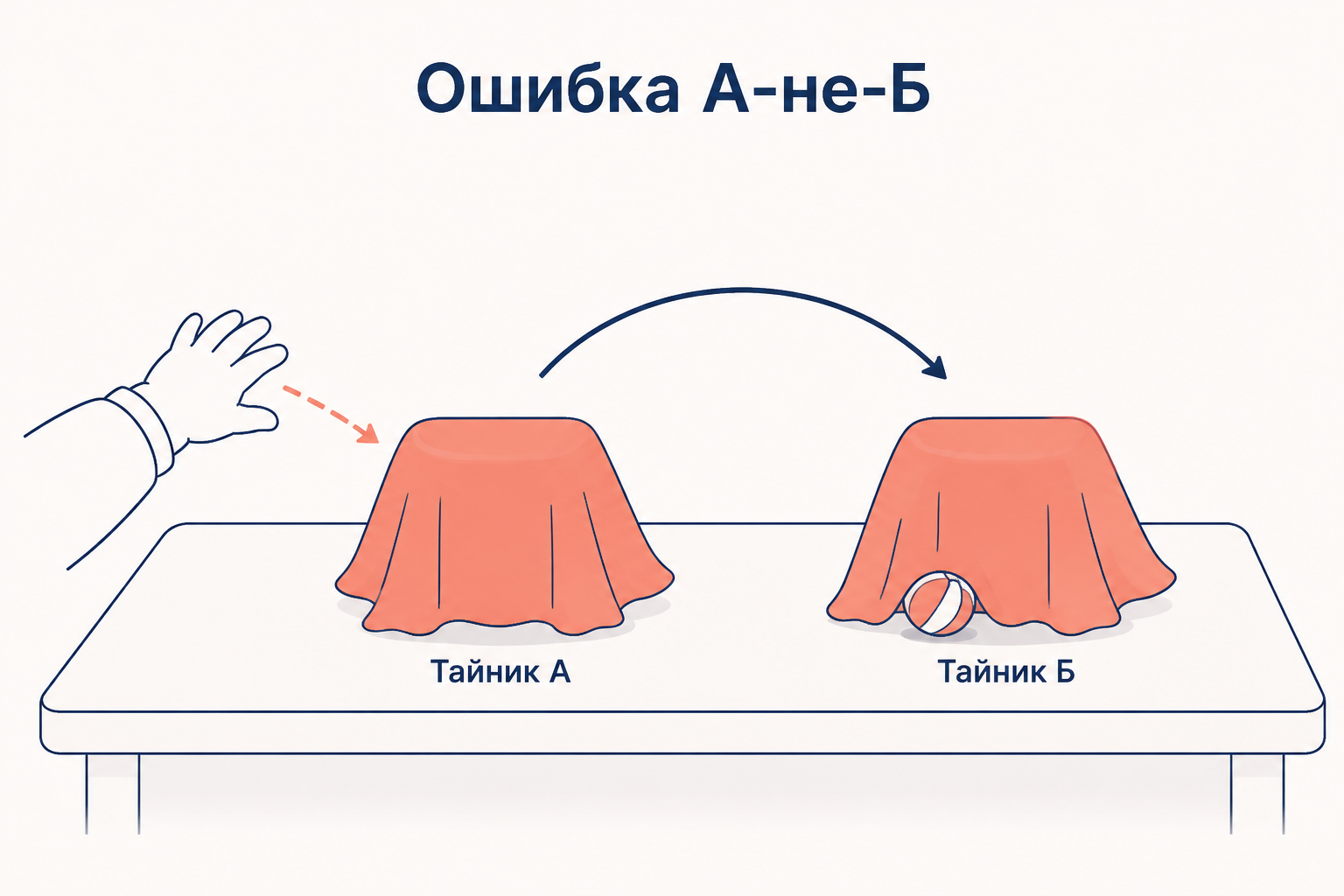 Ошибка А-не-Б: игрушку на глазах у ребёнка перекладывают во второй тайник, но рука тянется к первому