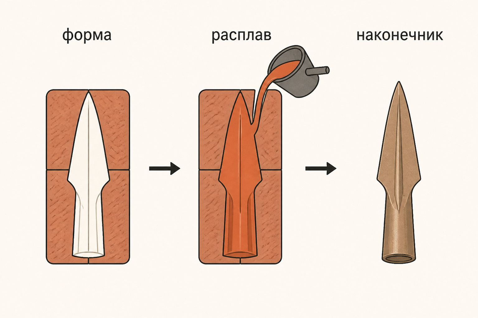 Схема изготовления втульчатого бронзового наконечника: форма, расплав и готовое изделие