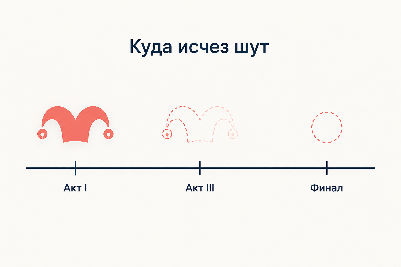 Линия времени партии шута: полное присутствие в первом акте, последняя реплика в третьем, отсутствие в финале