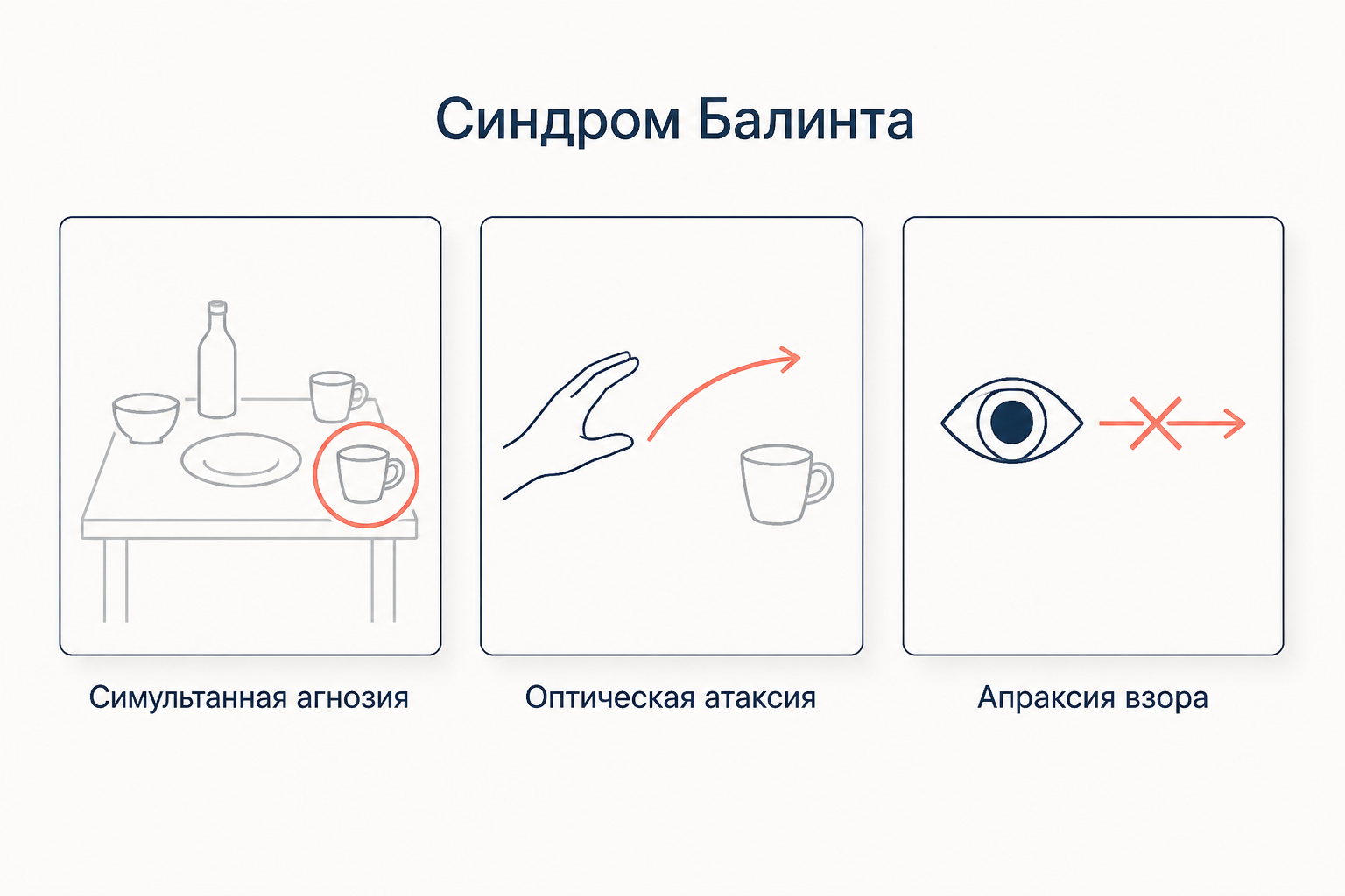 Три компонента синдрома Балинта: симультанная агнозия, оптическая атаксия и апраксия взора