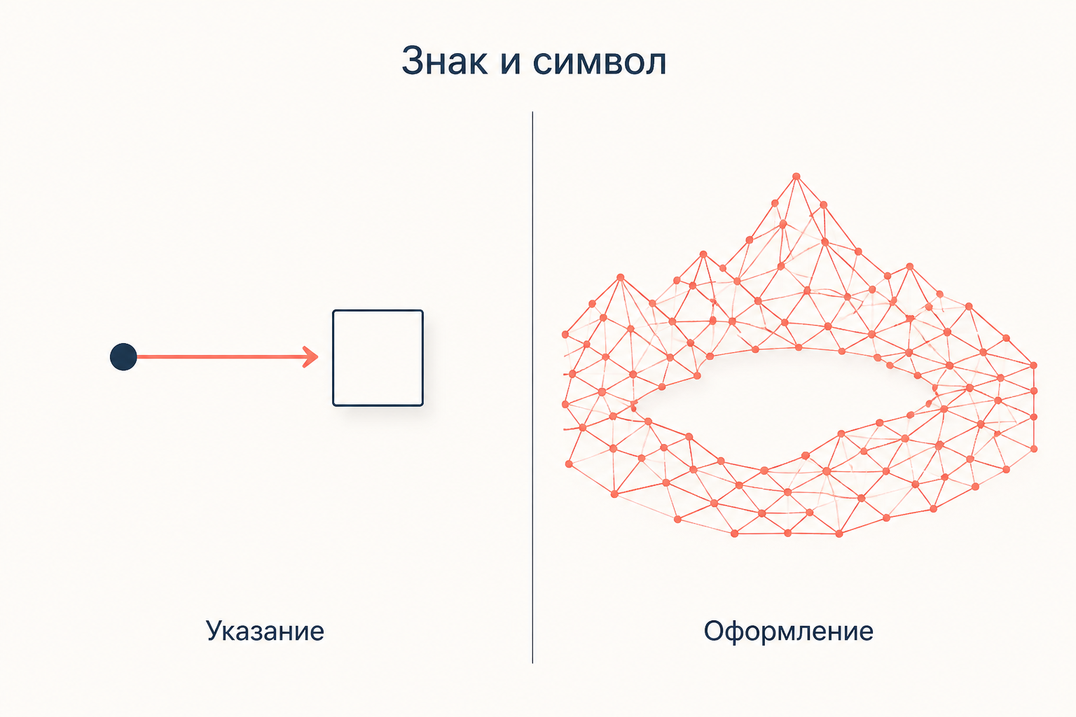 Слева знак указывает на отдельный предмет, справа символ сплетает целую структуру опыта