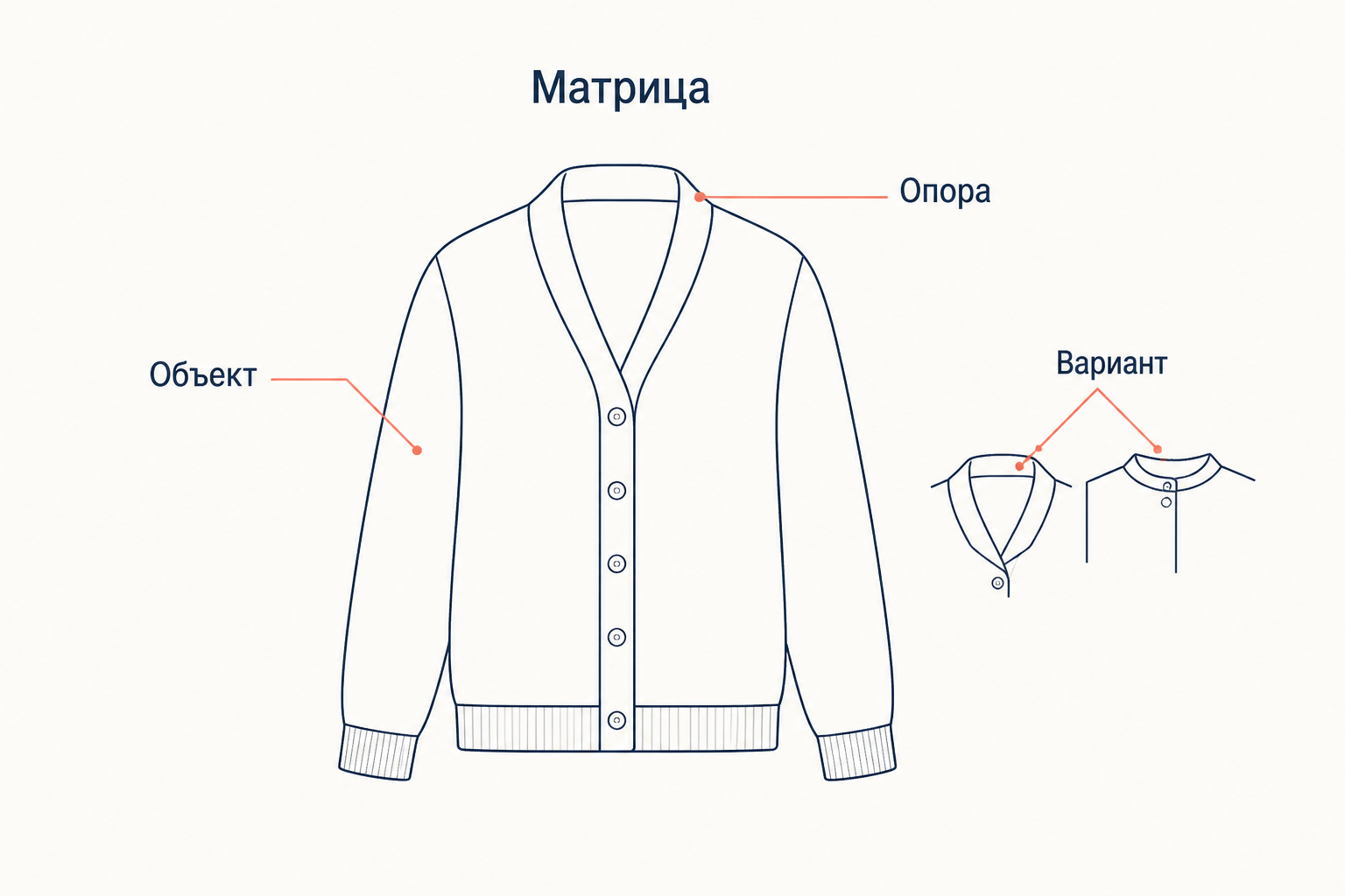 Схема матрицы Барта: кардиган как объект, воротник как опора, открытый и застёгнутый воротник как вариант