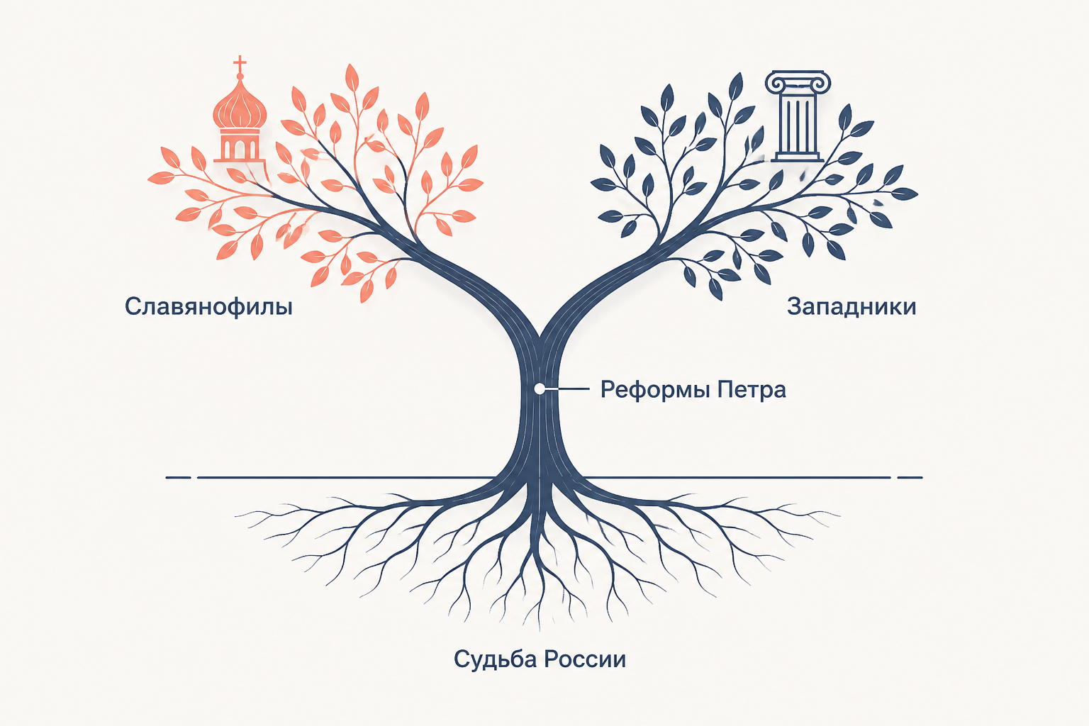 Дерево с общим корнем «Судьба России», которое у развилки «Реформы Петра» делится на ветви «Славянофилы» и «Западники»