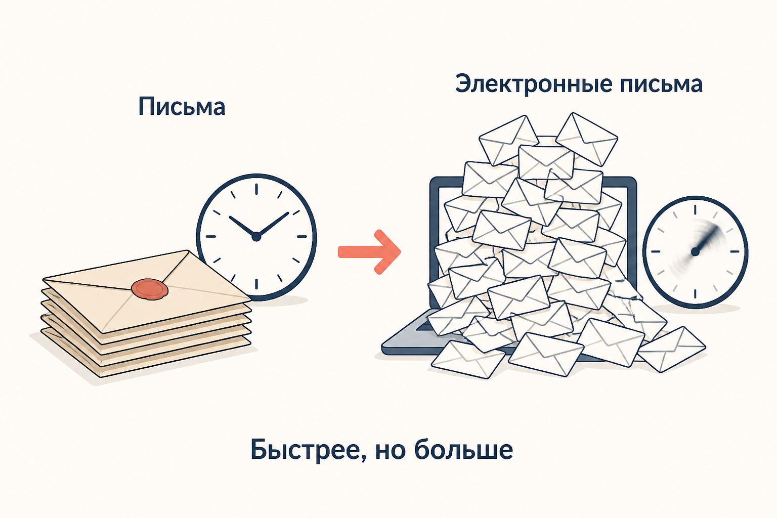 Парадокс нехватки времени: небольшая стопка бумажных писем против лавины электронных писем с подписью быстрее, но больше