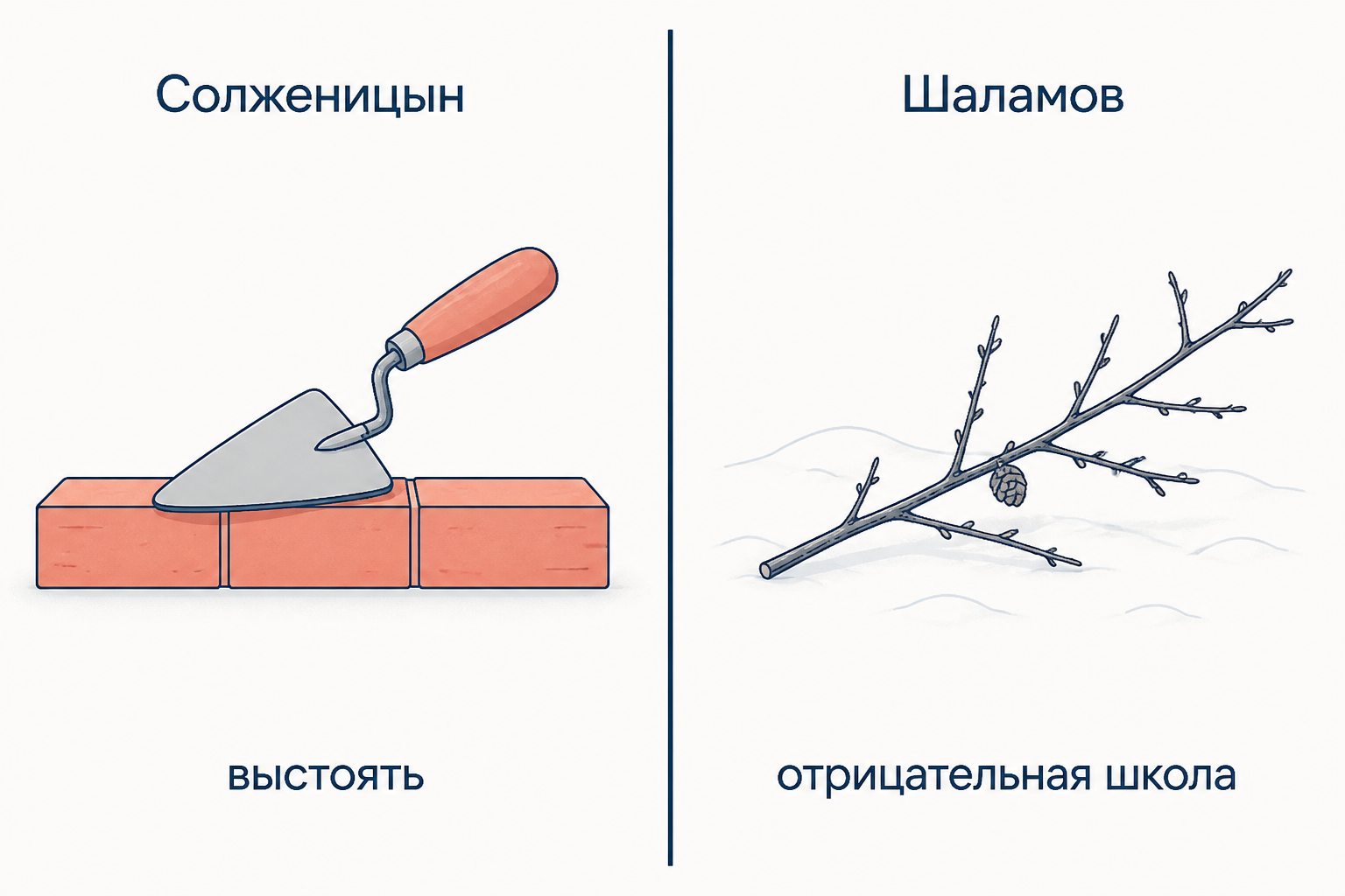 Сравнение двух позиций: мастерок на ровной кладке у Солженицына и голая ветка лиственницы на снегу у Шаламова
