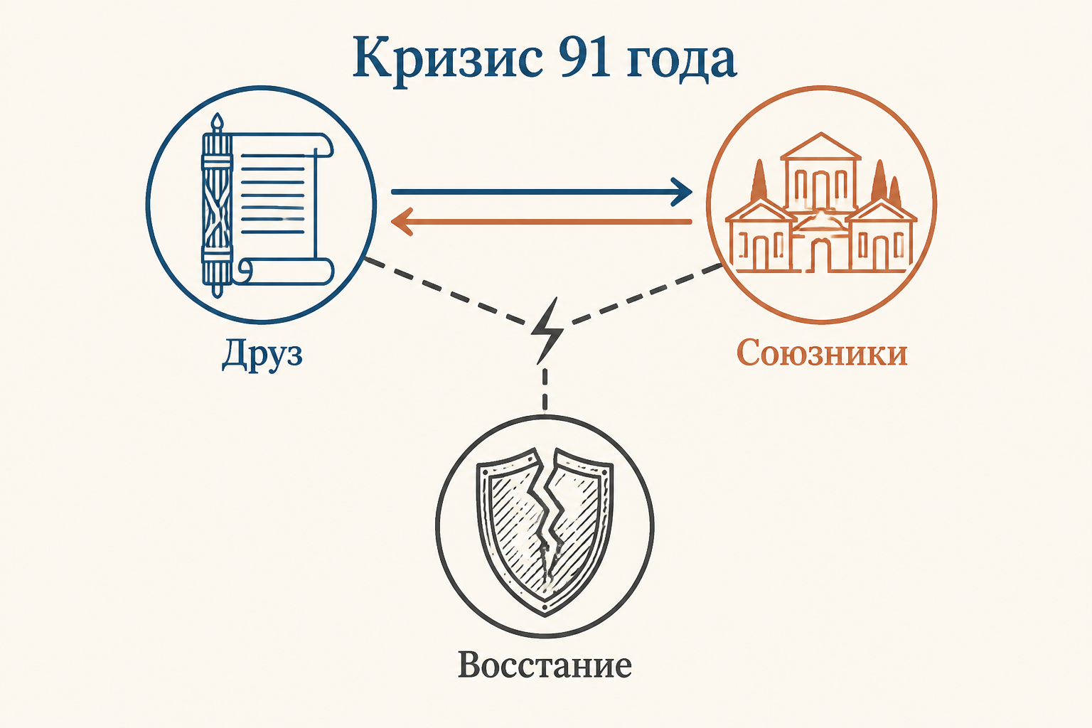 Схема кризиса 91 года до н. э.: союзнические общины, законопроект Ливия Друза и переход к восстанию