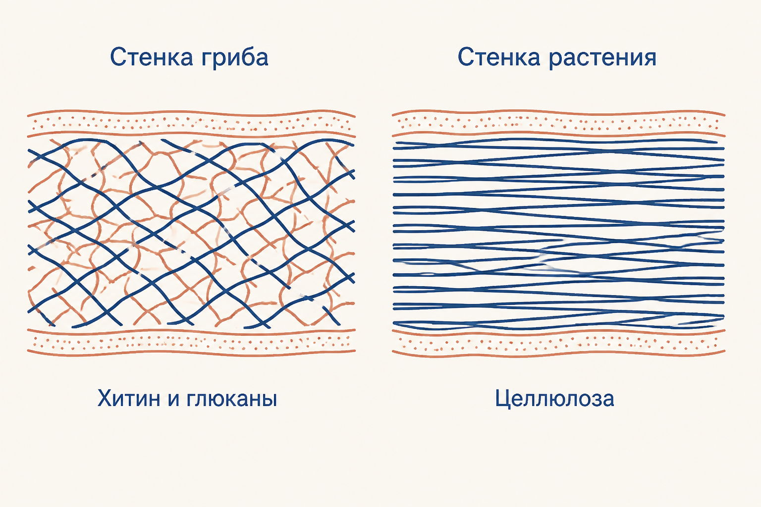 Сравнение стенок: у гриба хитиново-глюкановый каркас, у растения целлюлозные микрофибриллы