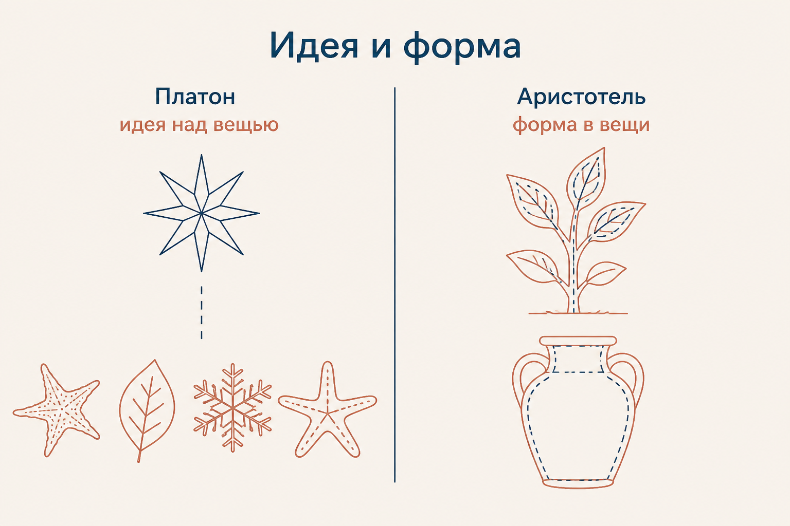 Платон и Аристотель на двух сторонах схемы: идея над вещами у Платона и форма внутри вещи у Аристотеля