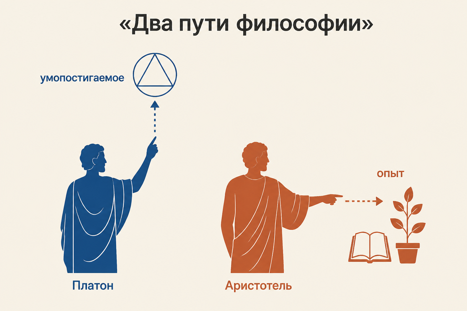 «Афинская школа» Рафаэля как символ: жест Платона направлен вверх к идее, жест Аристотеля - к миру вещей и действия
