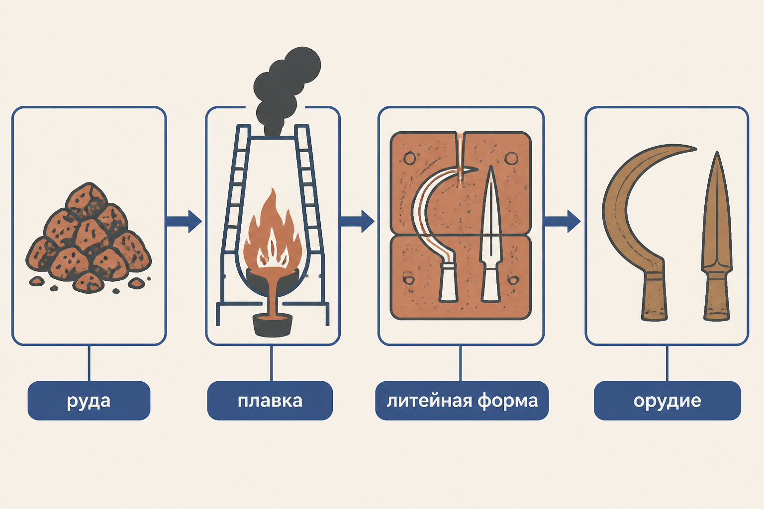 Учебная схема бронзовой металлургии: руда, плавка, литейная форма и готовое орудие
