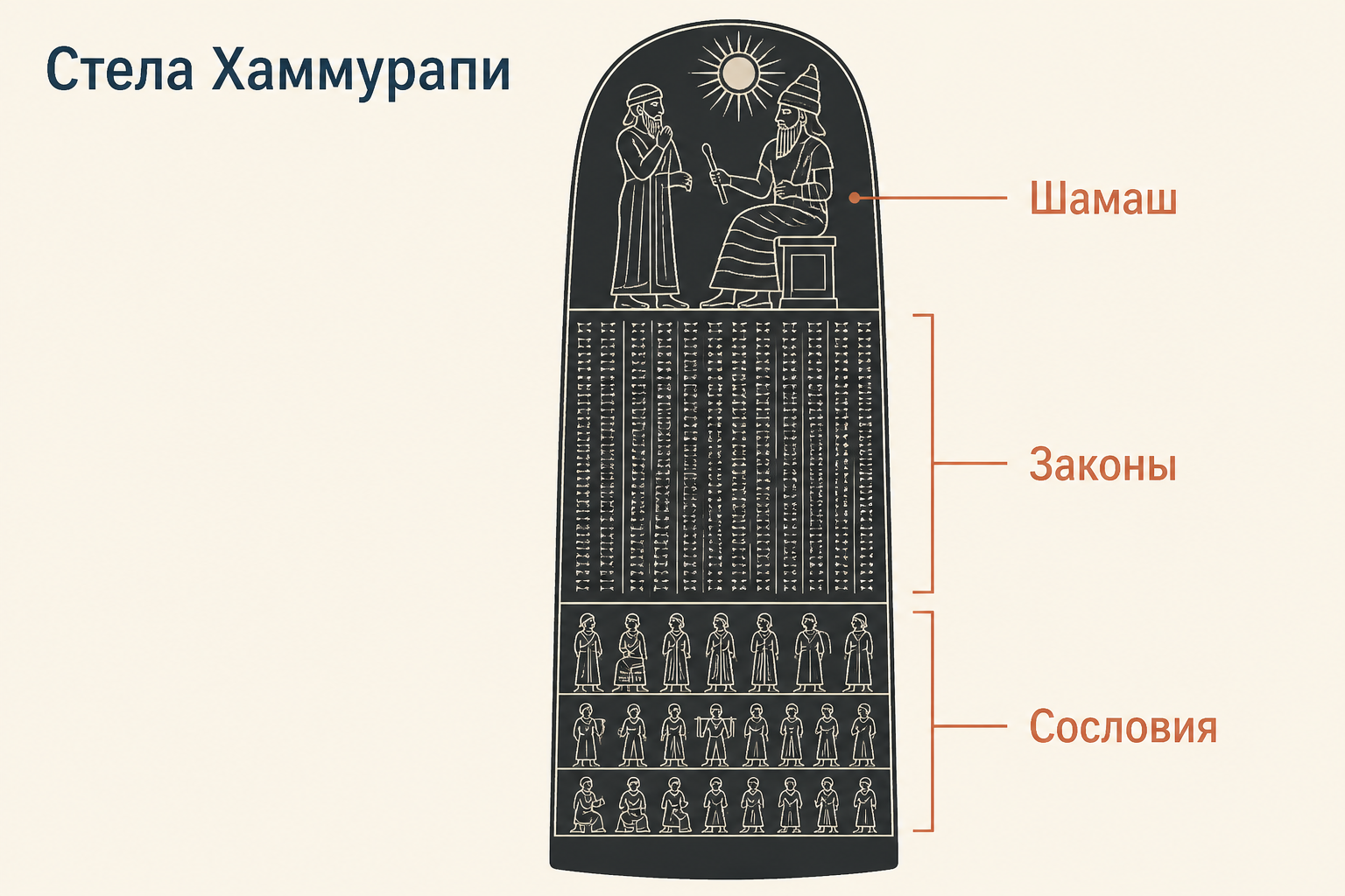 Стела Хаммурапи как учебная схема: Шамаш, клинописные положения и сословия общества