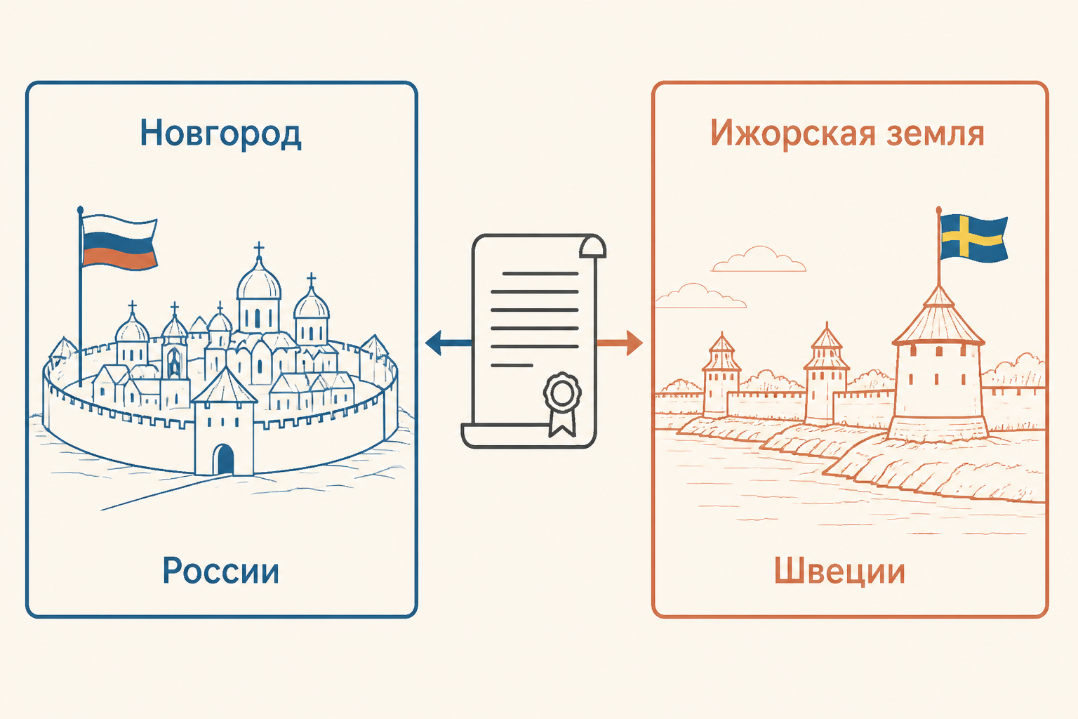 Схема обмена: Новгород возвращается России, а Ижорская земля остаётся у Швеции.