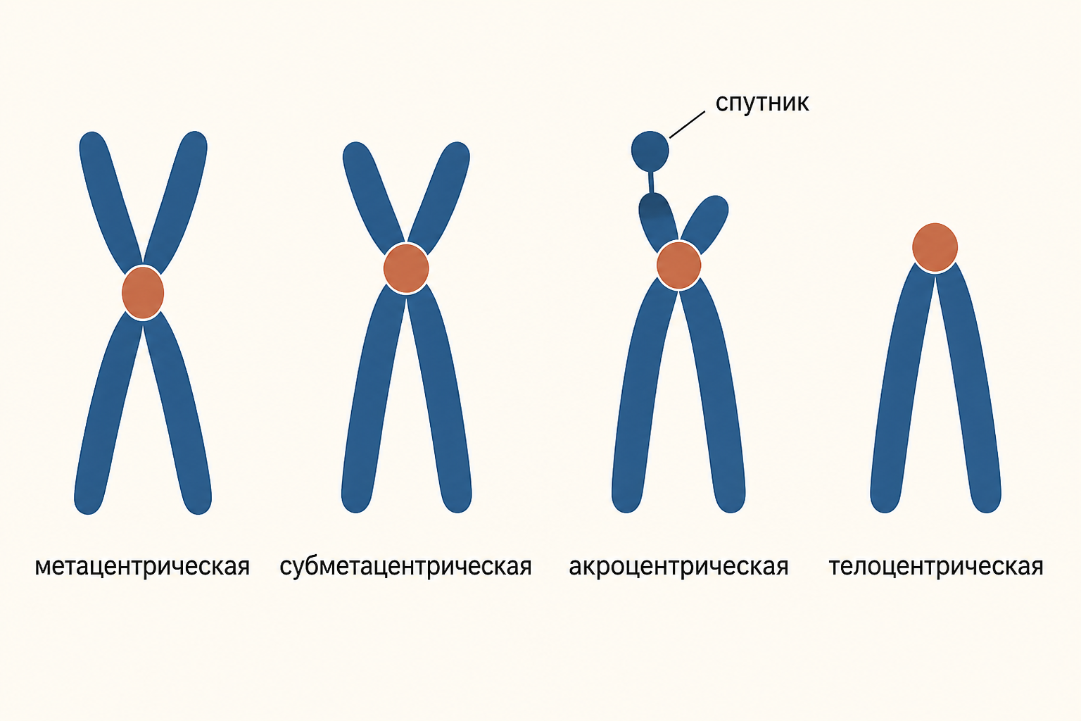 Четыре типа хромосом по положению центромеры: метацентрическая, субметацентрическая, акроцентрическая и телоцентрическая