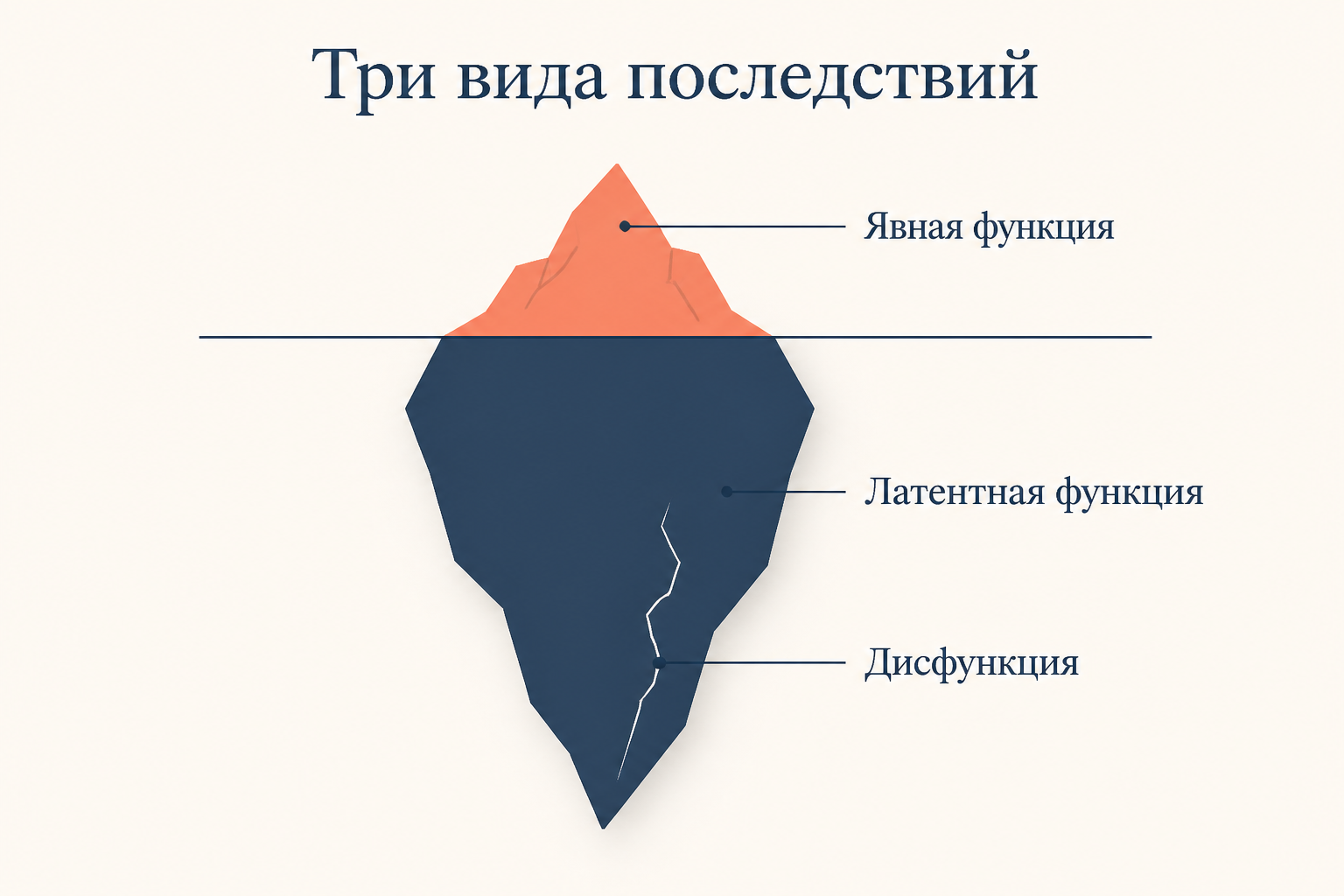 Три вида последствий элемента: явная функция на поверхности, латентная функция и дисфункция под водой