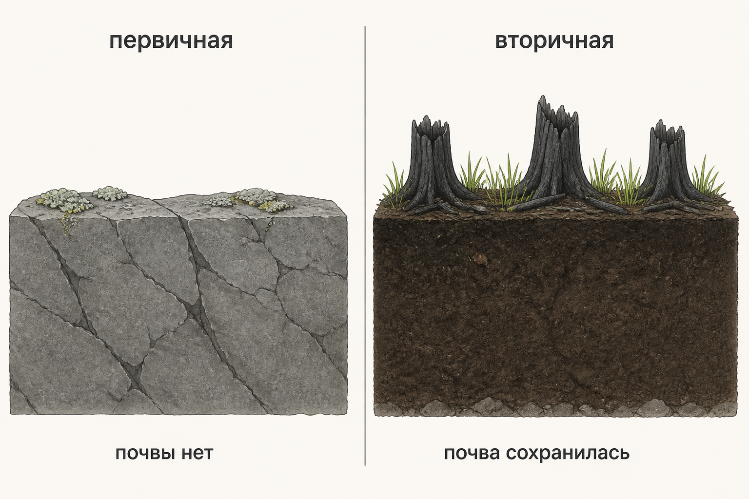 Сравнение двух типов сукцессии: слева первичная на голой породе без почвы, справа вторичная после пожара, где почва и банк семян сохранились