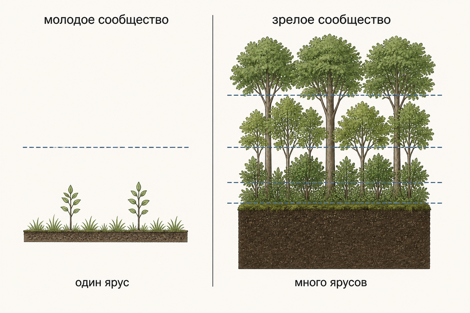 Молодое сообщество с одним ярусом растительности и зрелое многоярусное сообщество: по ходу сукцессии растут биомасса, число ярусов и мощность почвы
