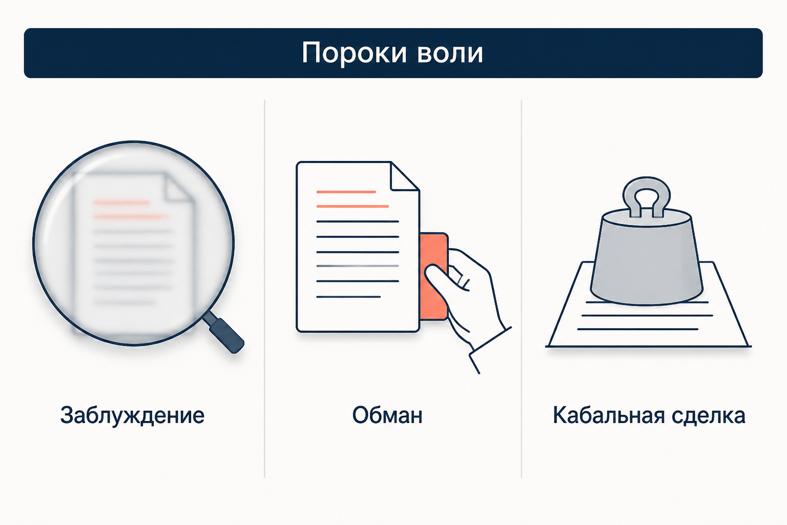 Сопоставление трёх пороков воли: заблуждение возникает само, обман создаётся умышленно, кабальная сделка вынуждена обстоятельствами