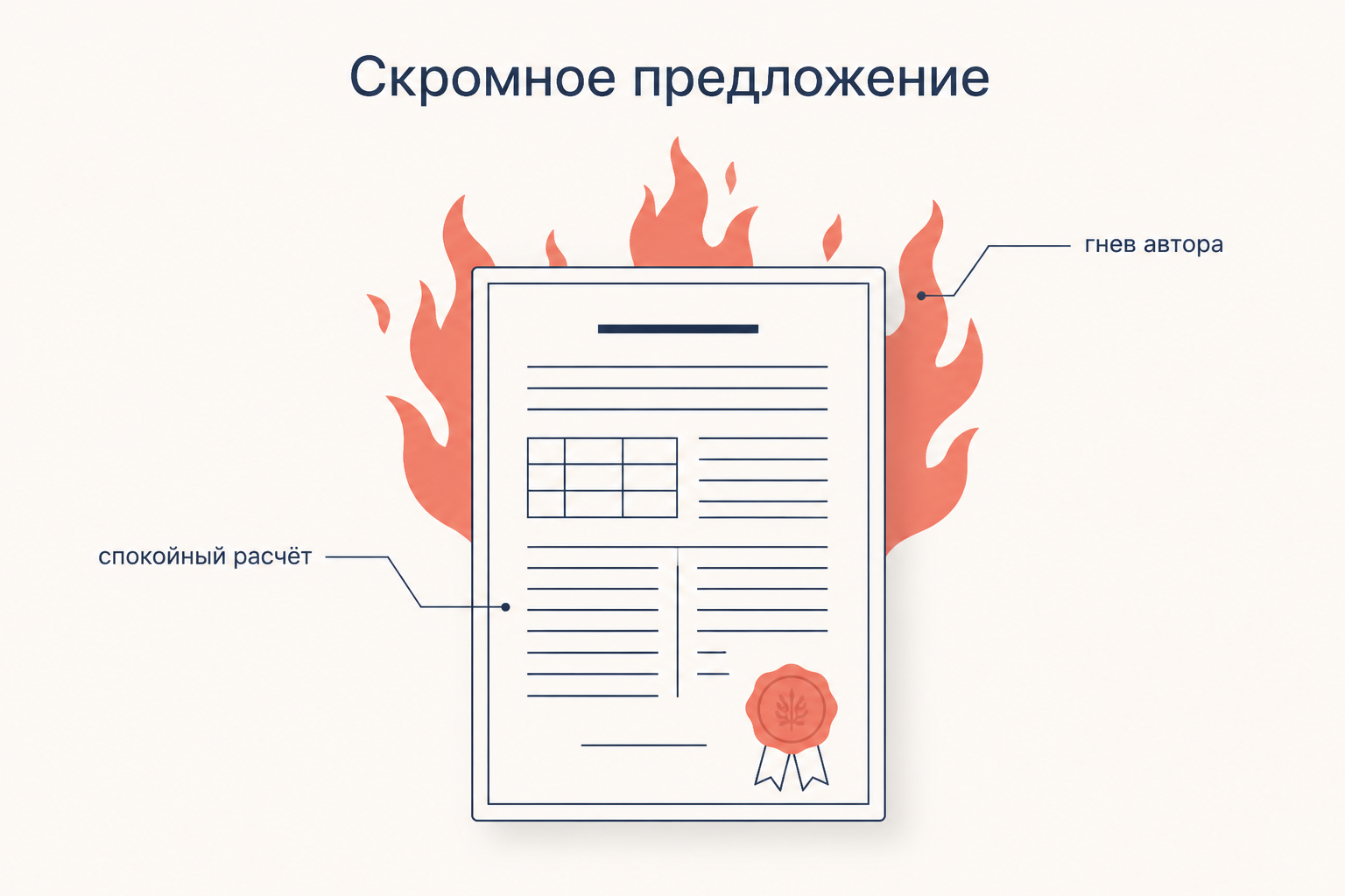 Аккуратный документ с ровными колонками, за которым поднимается пламя: спокойный расчёт прожектёра скрывает гнев автора