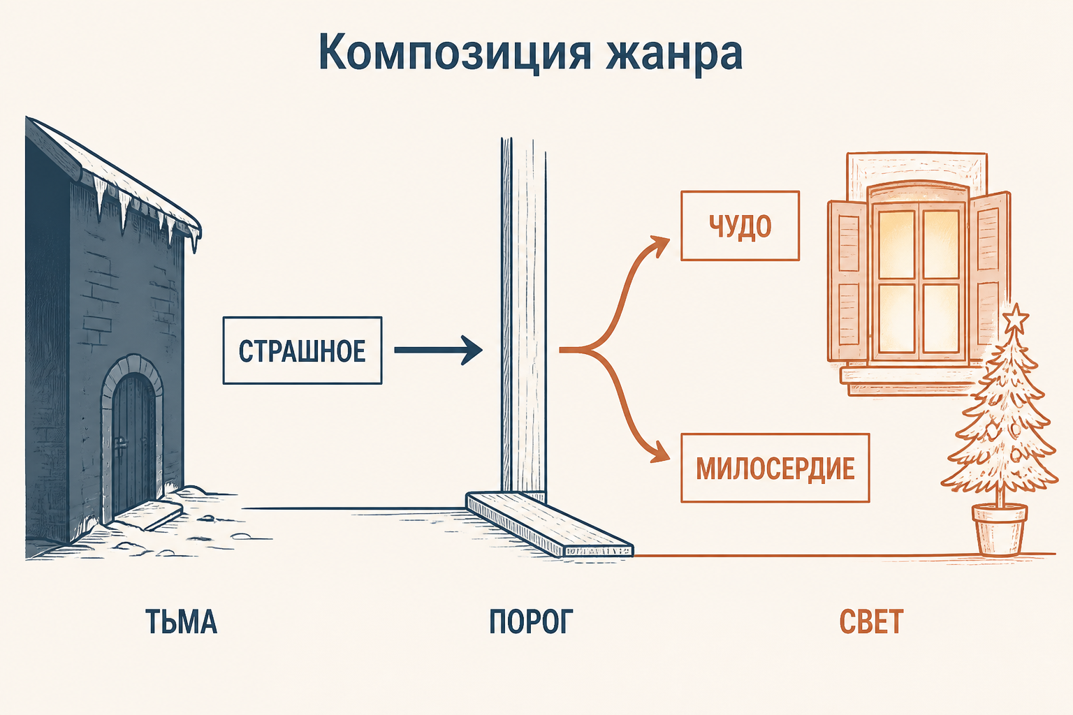 Композиция святочного рассказа: тёмная улица, освещённое окно и порог как граница между бедой и надеждой
