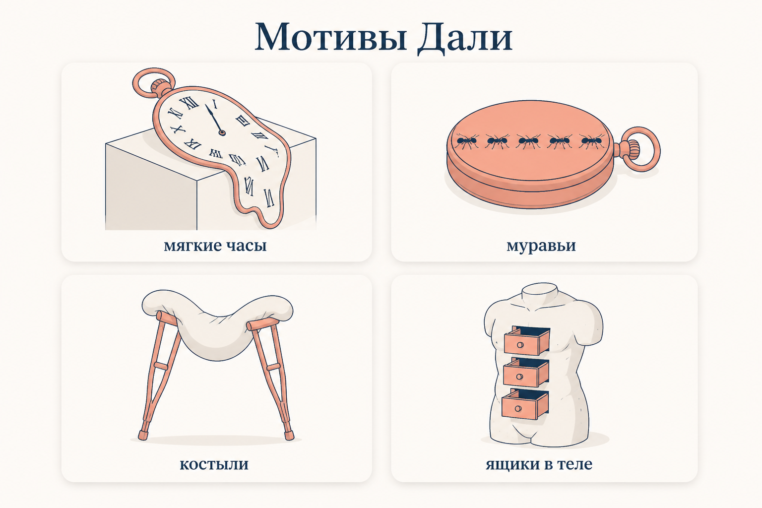 Мотивы Дали: мягкие часы, муравьи на закрытых часах, костыли как опора и ящики в теле