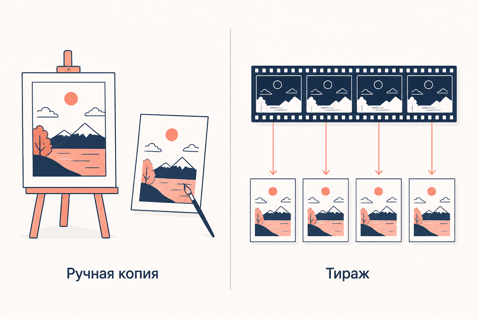 Слева ручная копия картины рядом с оригиналом на мольберте, справа киноплёнка и тираж одинаковых отпечатков