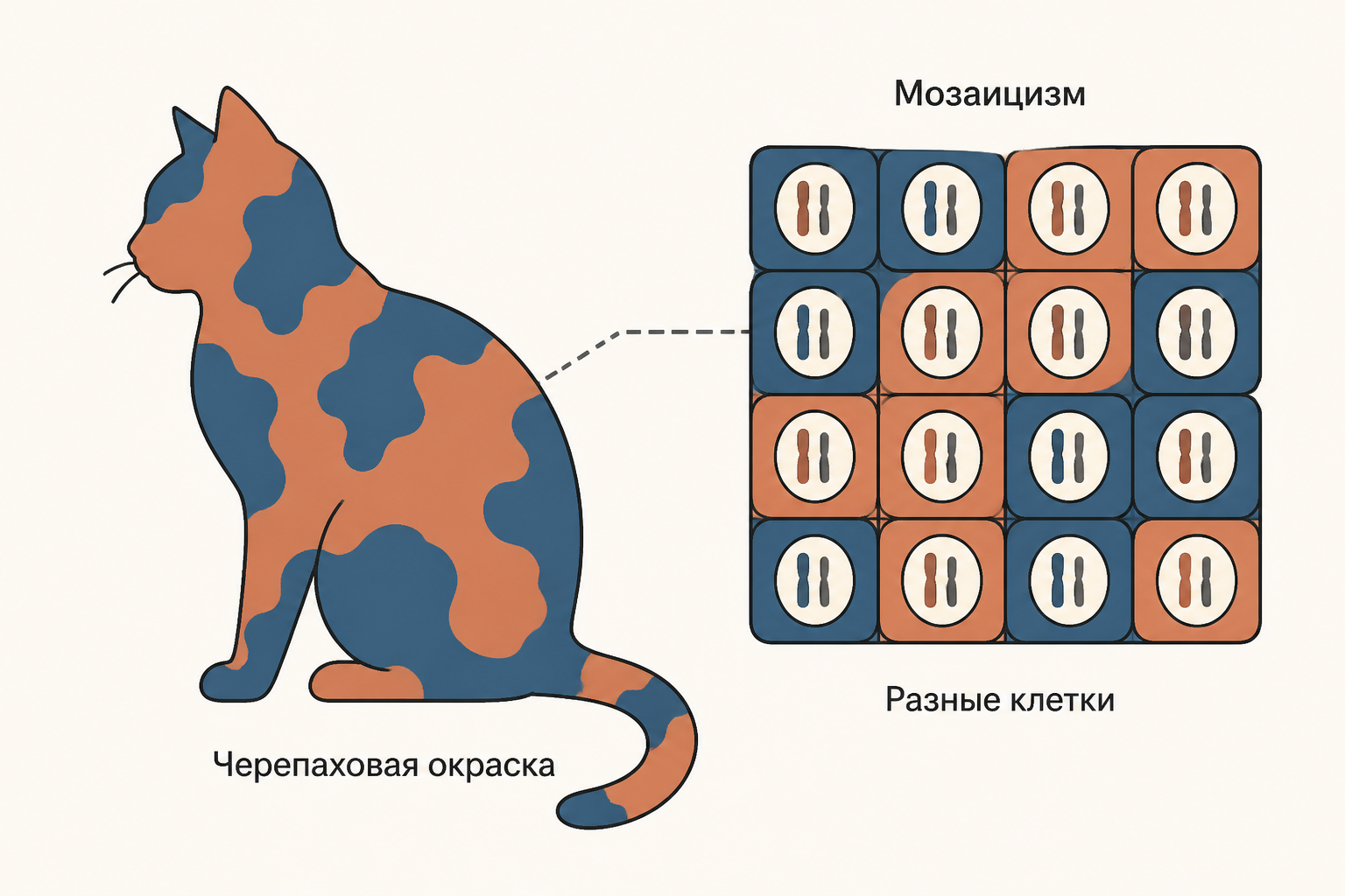 Черепаховая окраска кошки как следствие разных клонов клеток с разной активной X-хромосомой