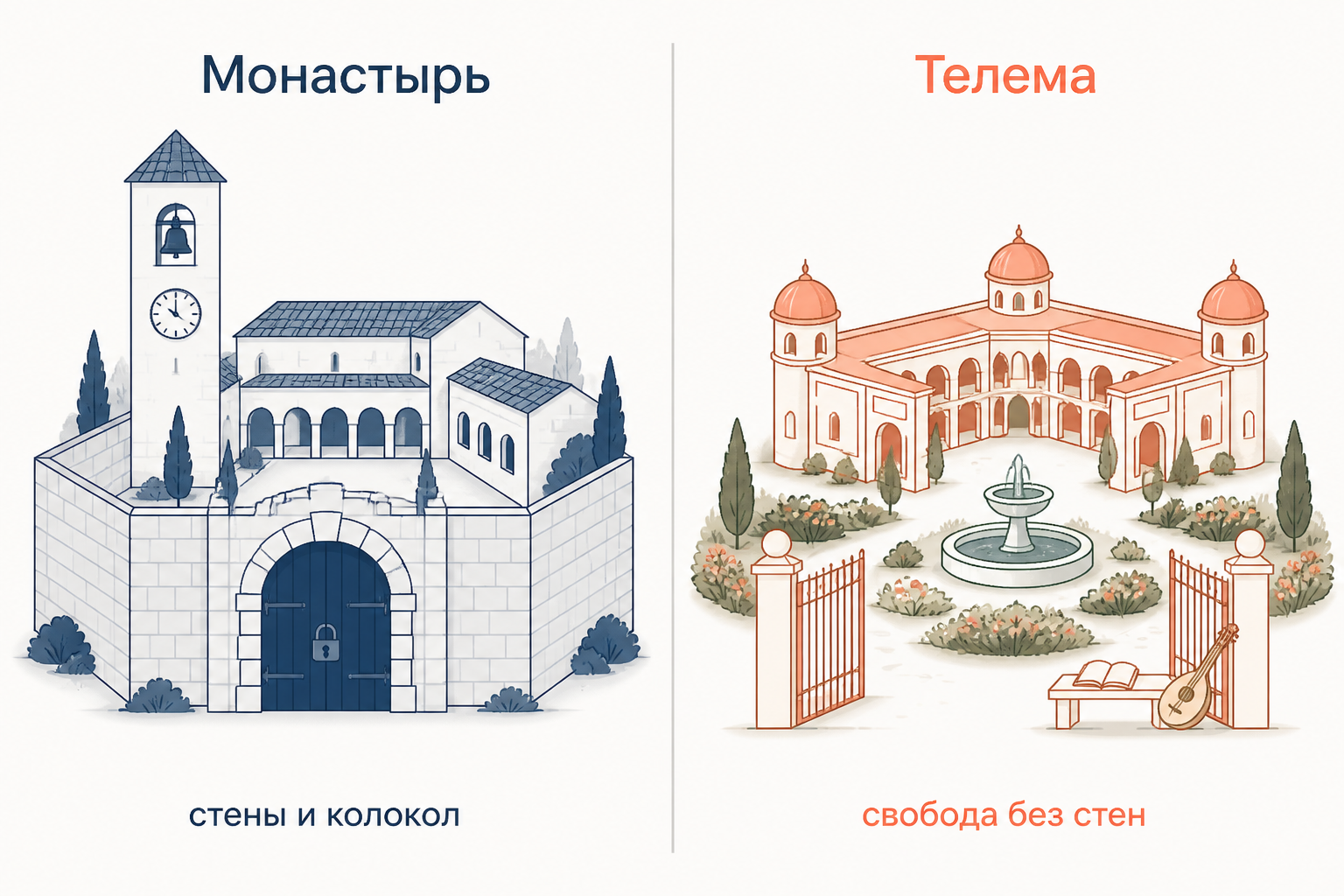 Слева закрытый монастырь со стеной и колоколом, справа Телема без стен: Рабле строит обитель через отрицание монастырского устава