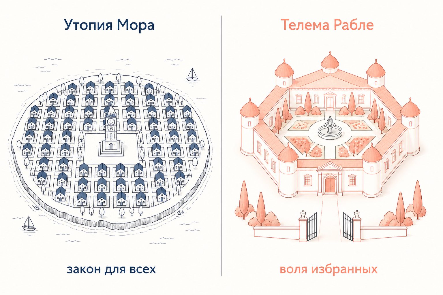 Строгий город-сетка Утопии и открытая обитель Телемы: закон для всех против свободы избранных