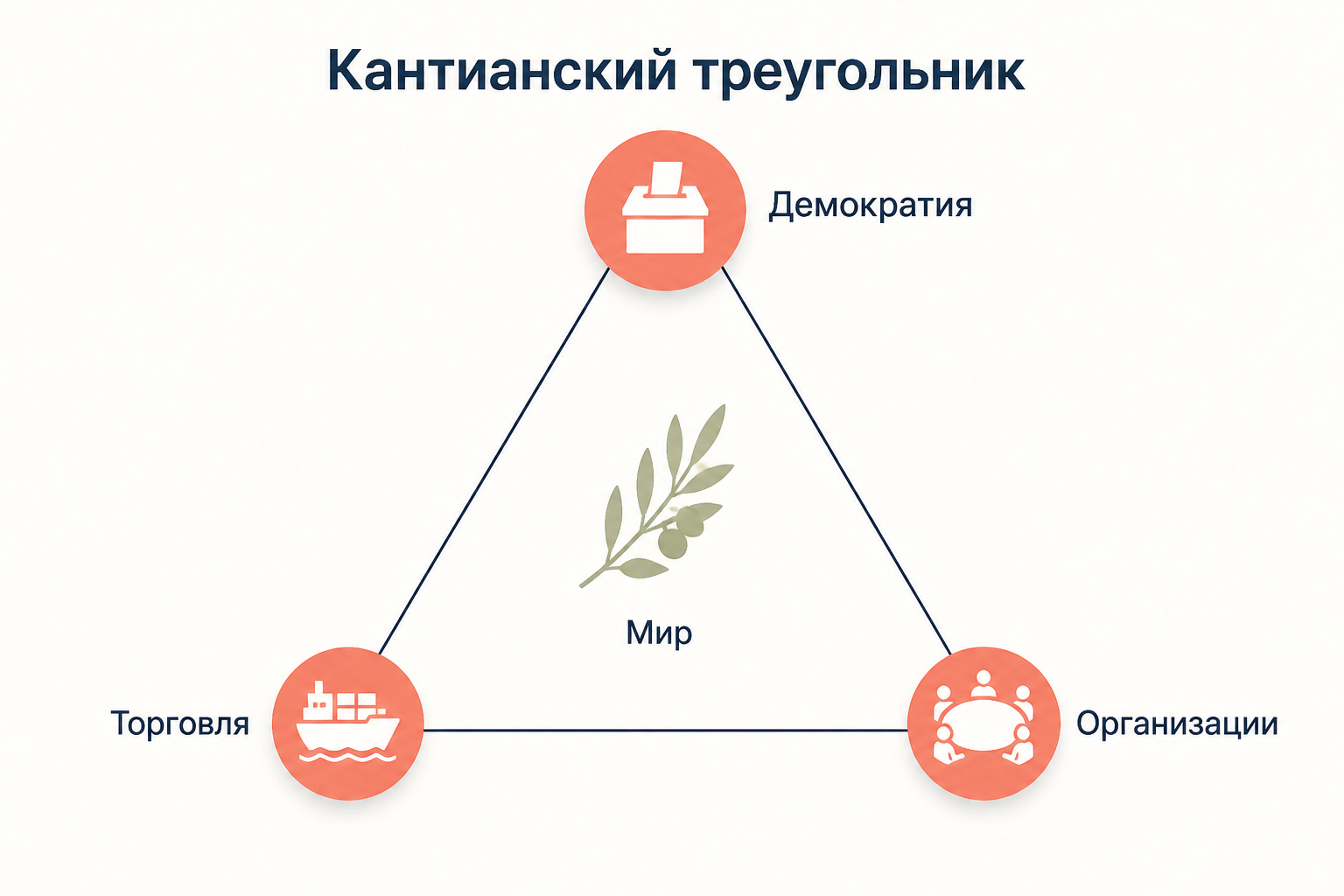 Треугольник с вершинами «Демократия», «Торговля» и «Организации», в центре оливковая ветвь с подписью «Мир»