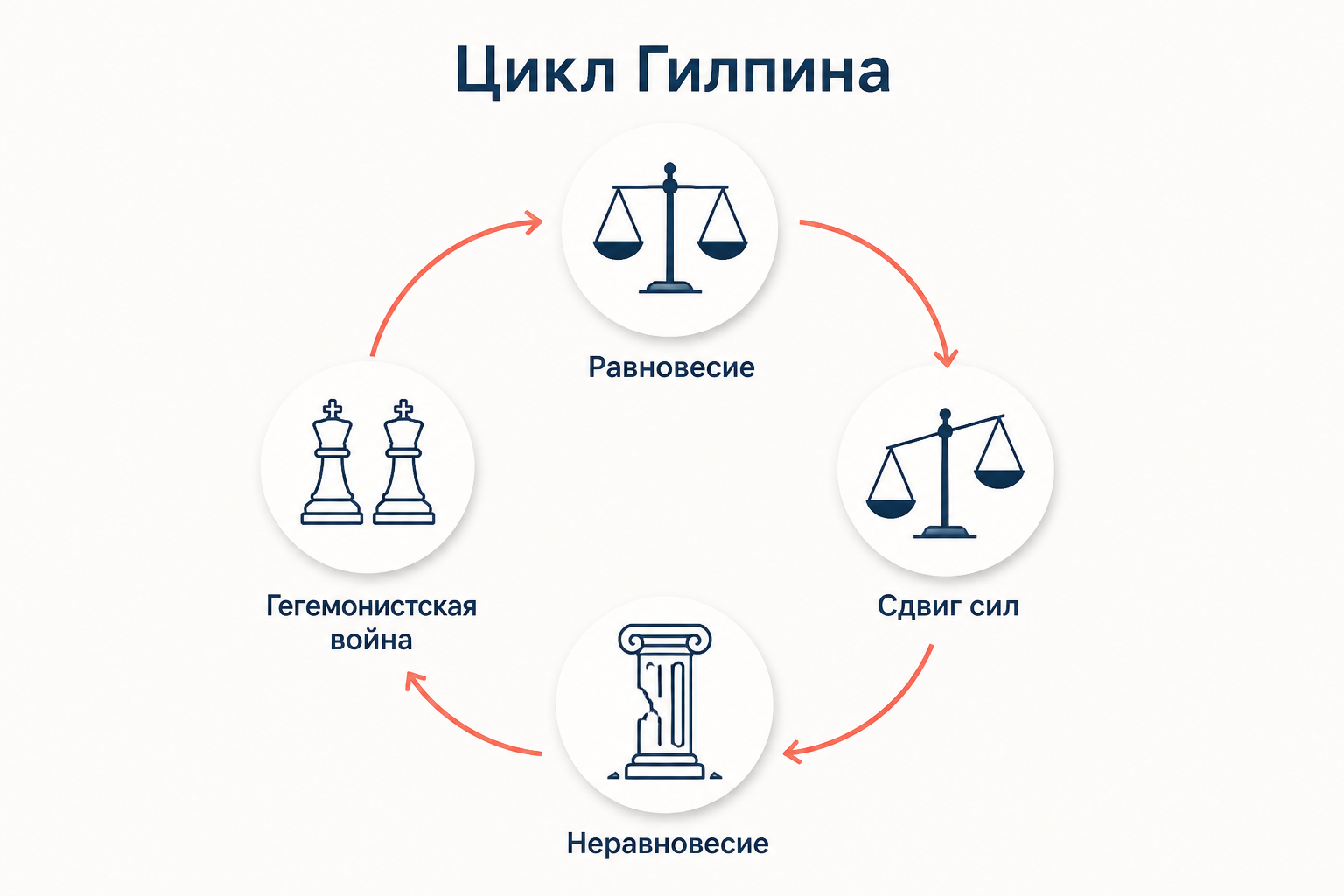 Цикл Гилпина: четыре станции по кругу, от равновесия через сдвиг сил и неравновесие к гегемонистской войне и снова к равновесию