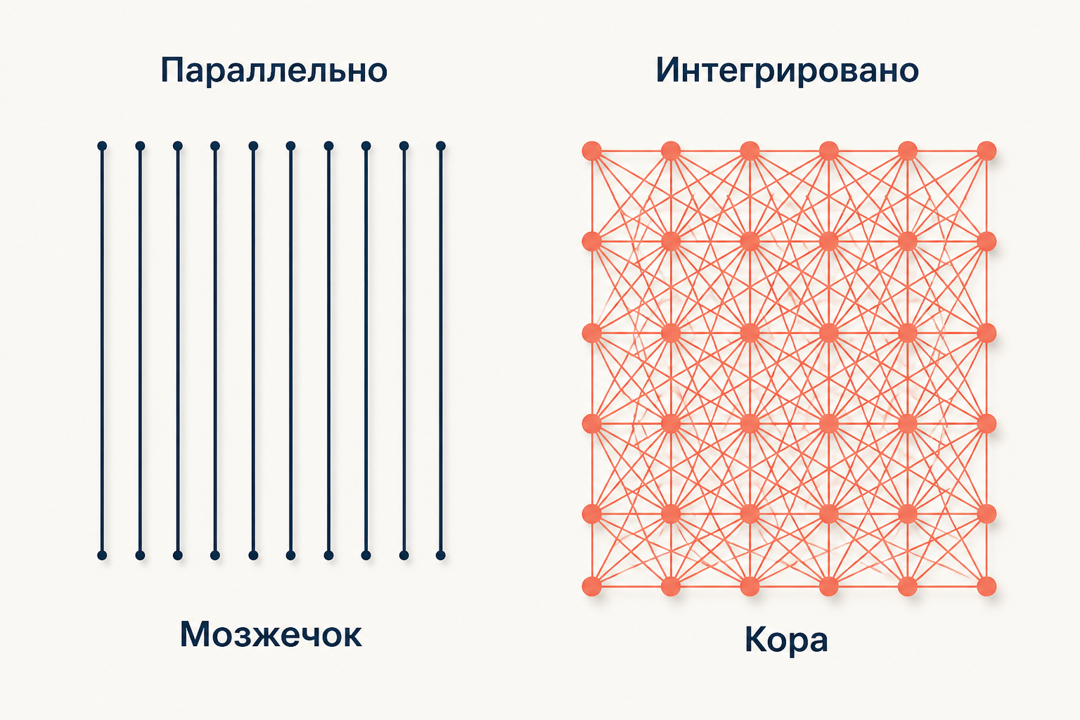 Слева параллельные нити без связей между ними с подписью «Мозжечок», справа плотная сплетённая сеть с подписью «Кора»