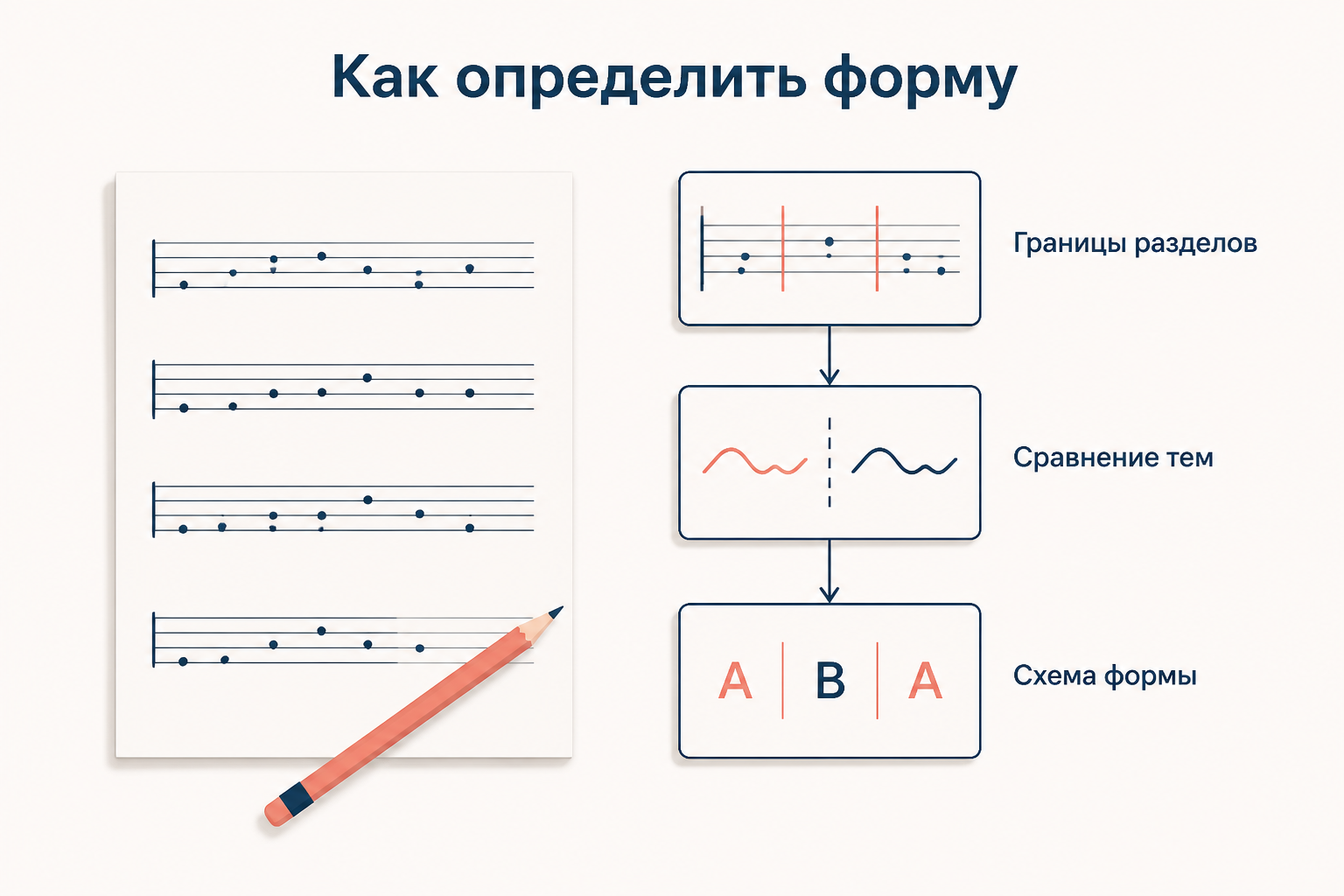 Лист с нотным станом и три шага анализа: границы разделов, сравнение тем и итоговая буквенная схема A B A