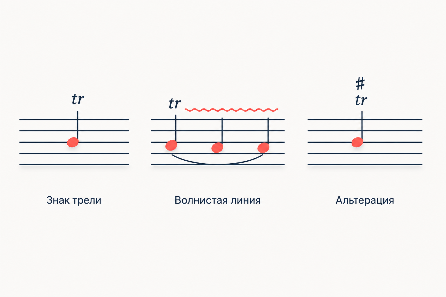 Три способа записи трели на нотном стане: буквы tr над нотой, буквы с волнистой линией через несколько нот и знак альтерации над значком, каждый вариант подписан