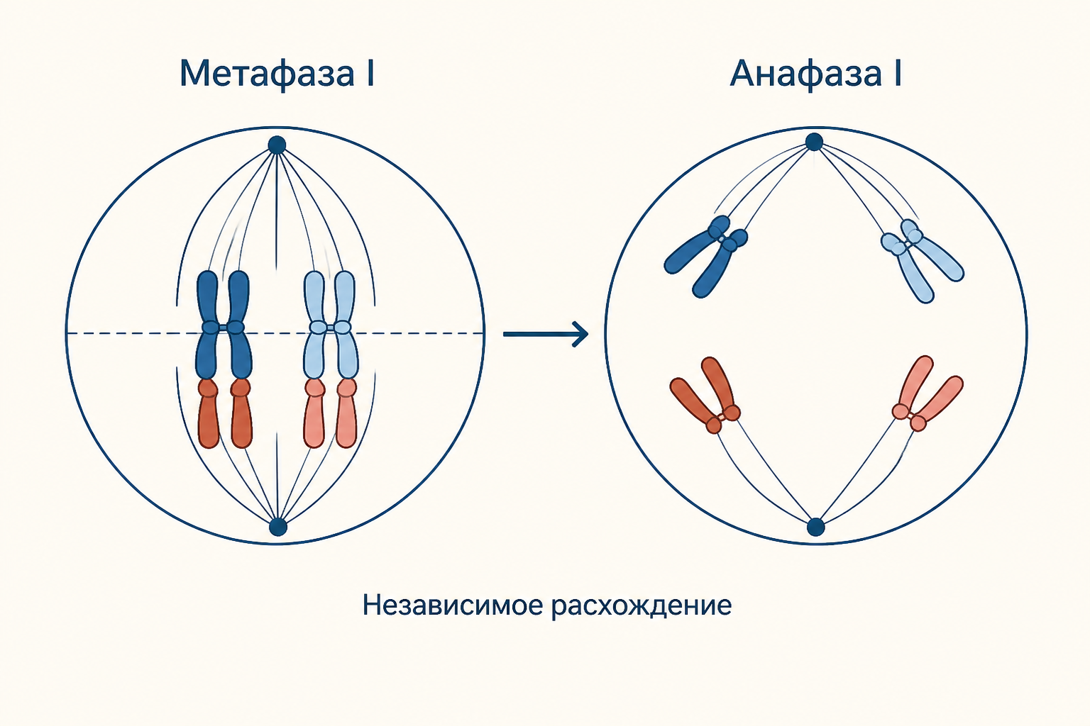Схема мейоза I: две пары гомологичных хромосом независимо расходятся к полюсам