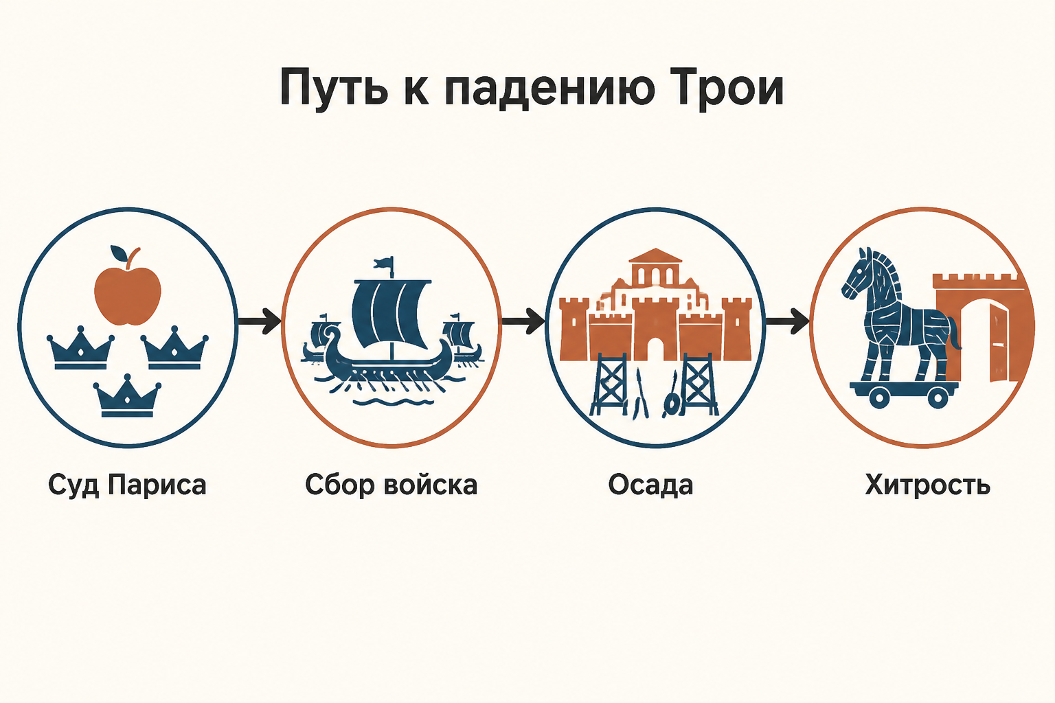 Схема Троянского цикла: от яблока Эриды к падению города и возвращениям героев