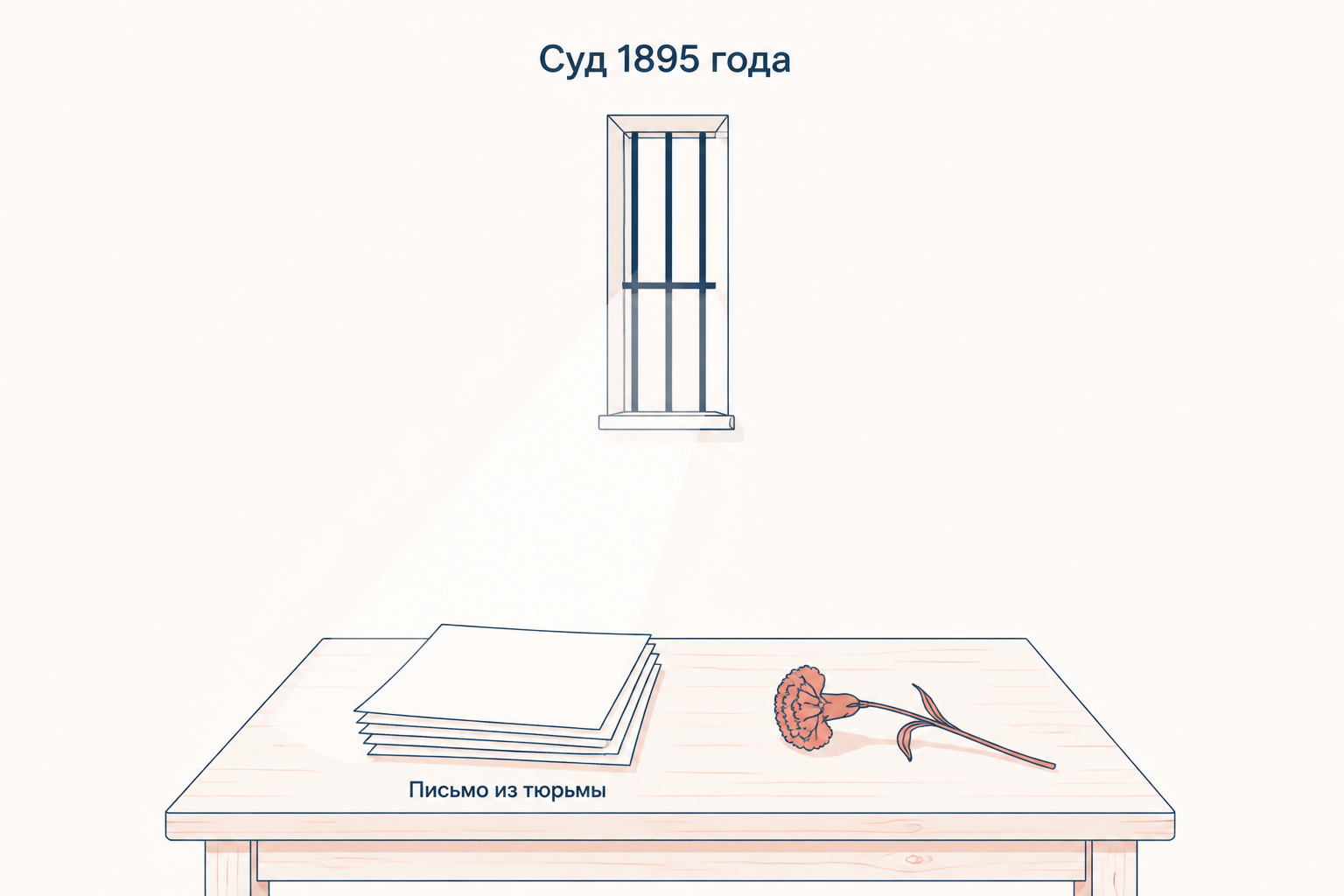 Зарешёченное окно тюремной камеры, стопка листов на столе и увядшая гвоздика рядом