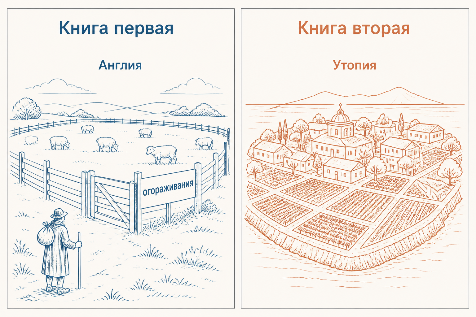 Две части «Утопии»: первая показывает Англию и критику огораживаний, вторая переносит разговор на остров Утопия