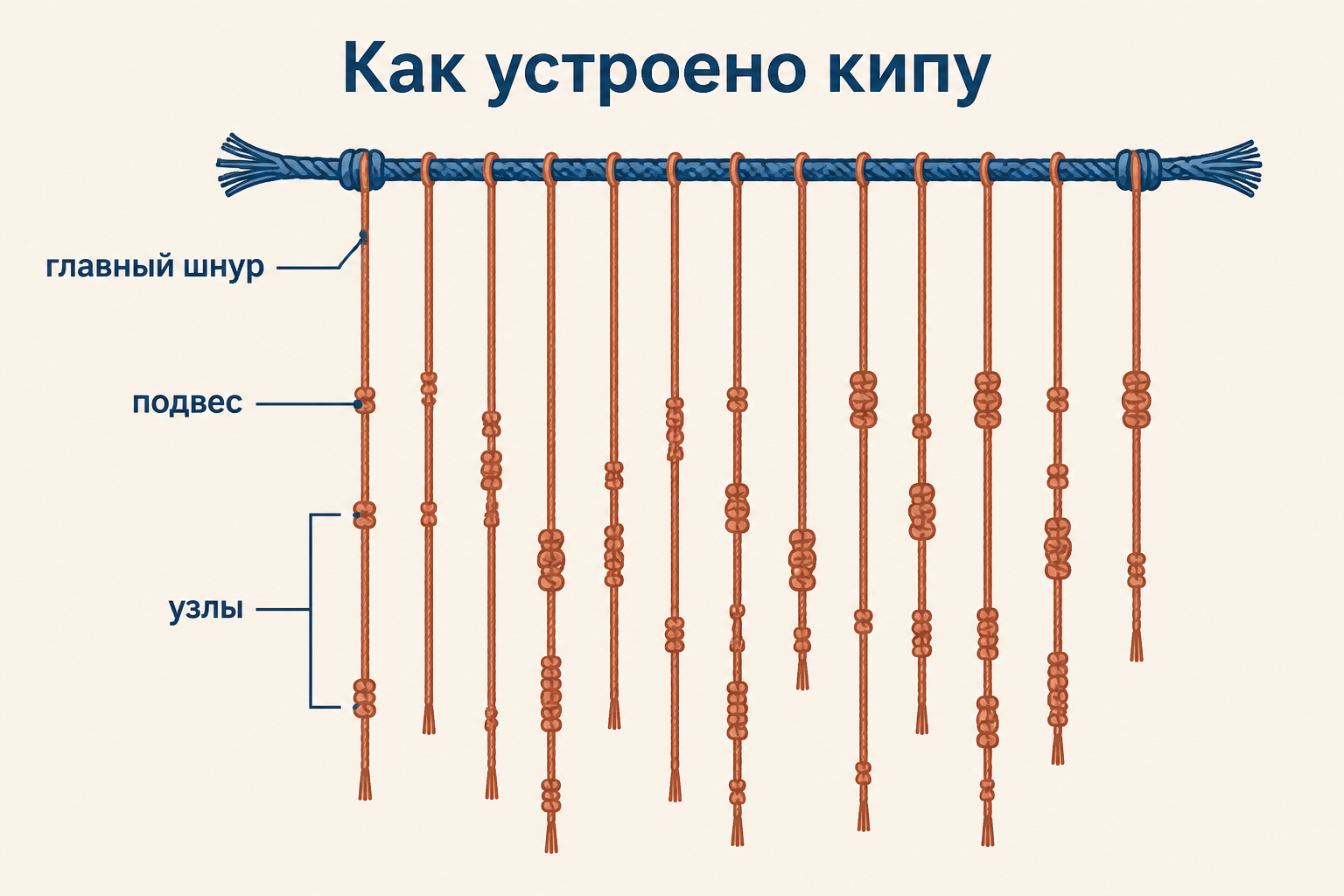 Схема кипу с главным шнуром, подвесами и группами узлов