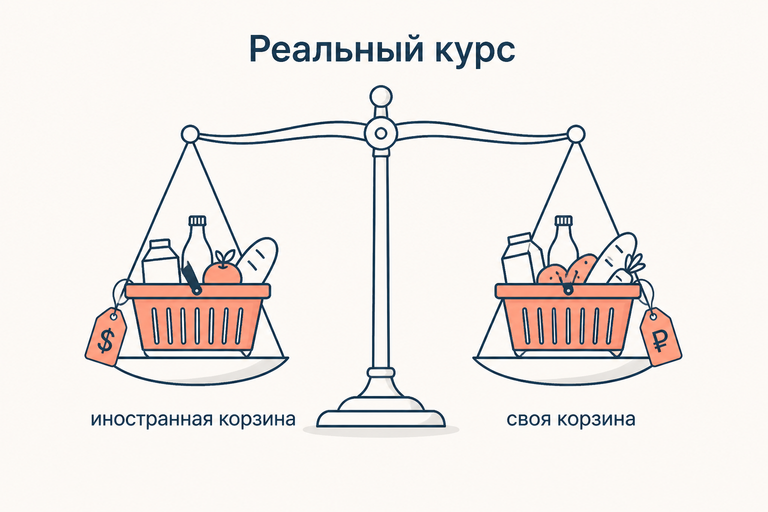 Весы с двумя корзинами: иностранная с ценником в долларах и своя с ценником в рублях. Реальный курс показывает, сколько своих корзин уравновешивает одну чужую