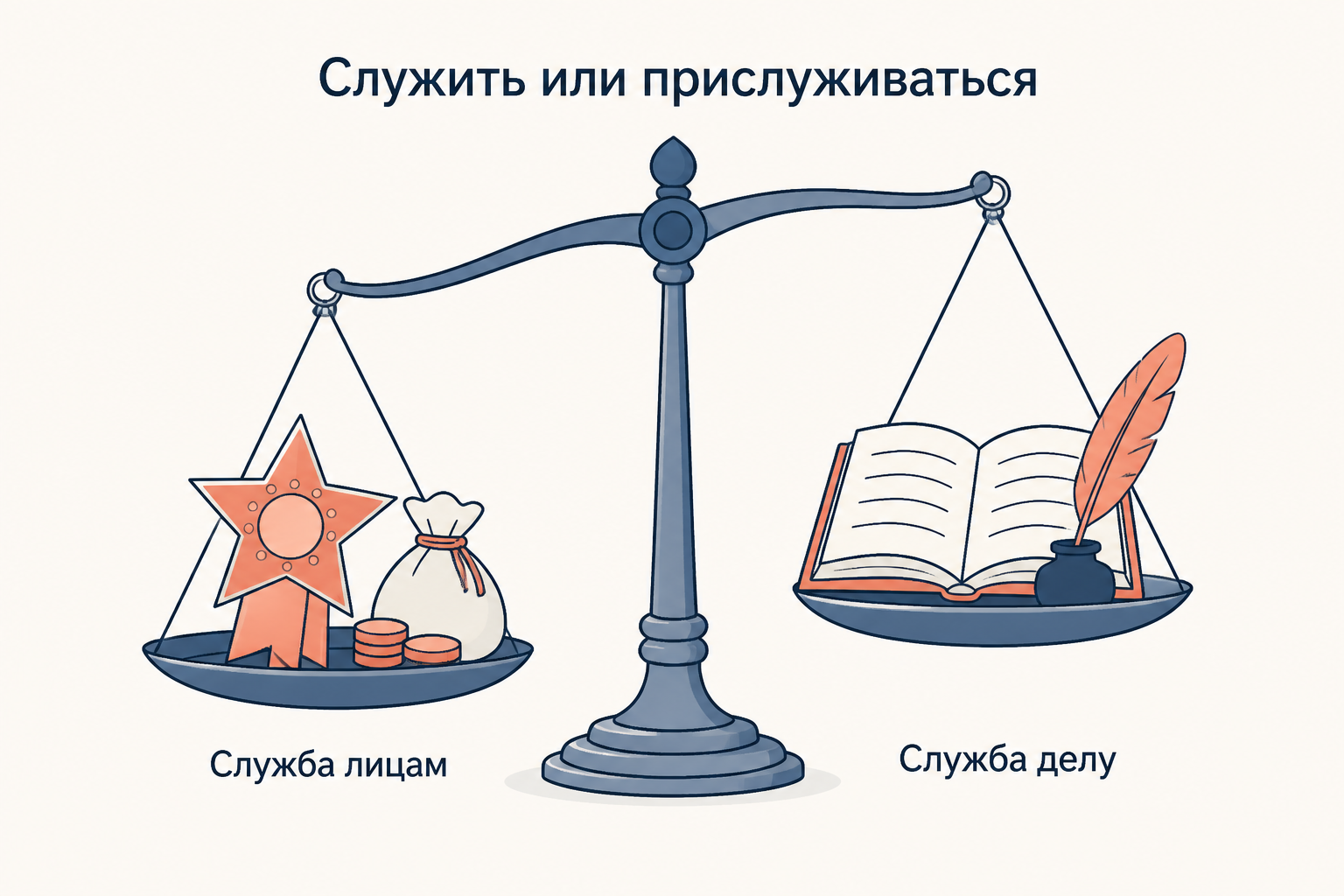 Схема спора о службе: слева служба лицам и придворная милость, справа служба делу и польза отечеству