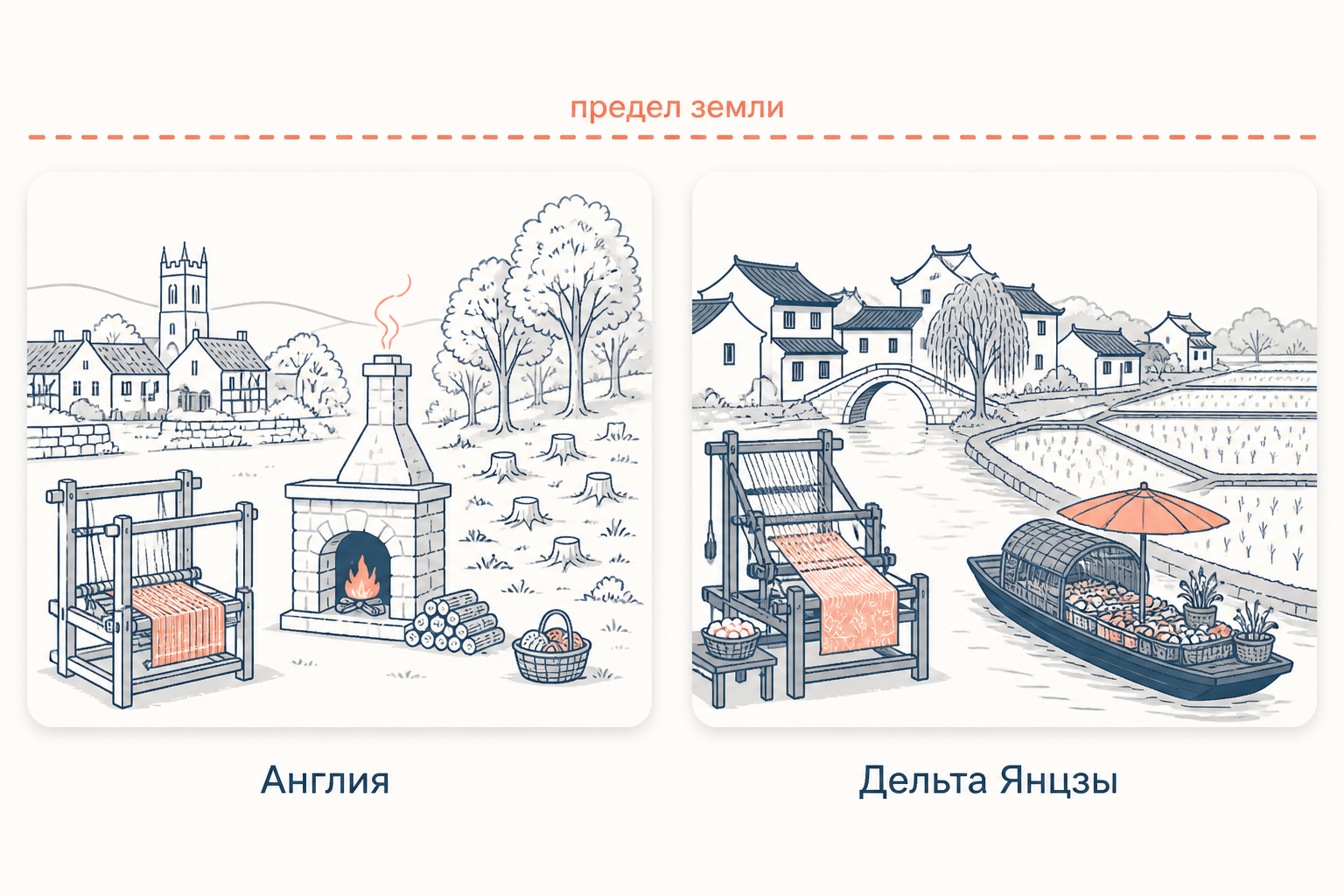 Две равные панели: английский городок со станком и дровяным очагом и канальный город дельты Янцзы с шёлкоткацким станком, над обеими одна пунктирная линия «предел земли»