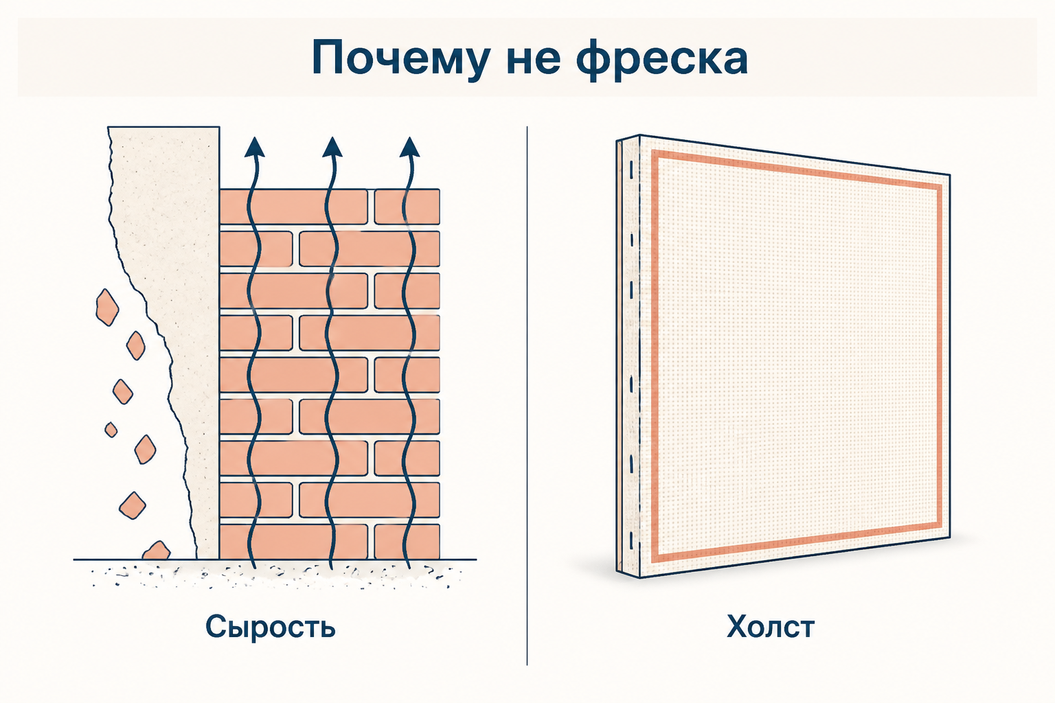 Схема: влага поднимается по кирпичной кладке и разрушает штукатурку фрески, рядом сухой холст на подрамнике как венецианская альтернатива