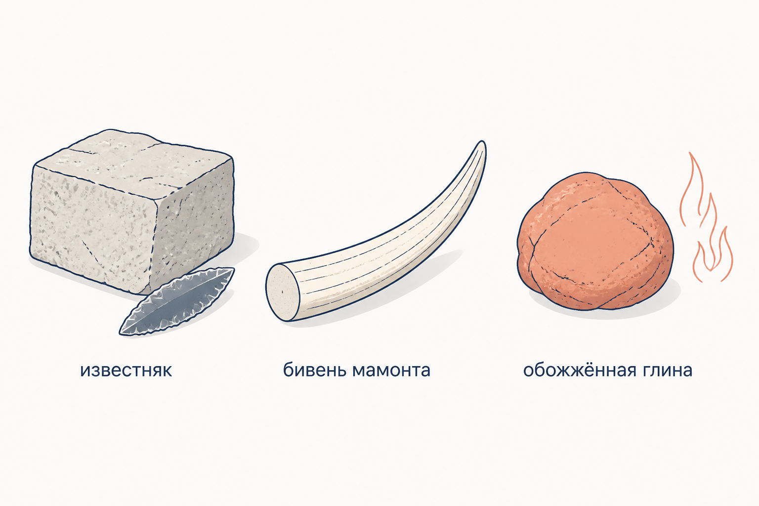 Три материала палеолитической скульптуры: известняк с кремнёвым резцом, бивень мамонта и обожжённая глина
