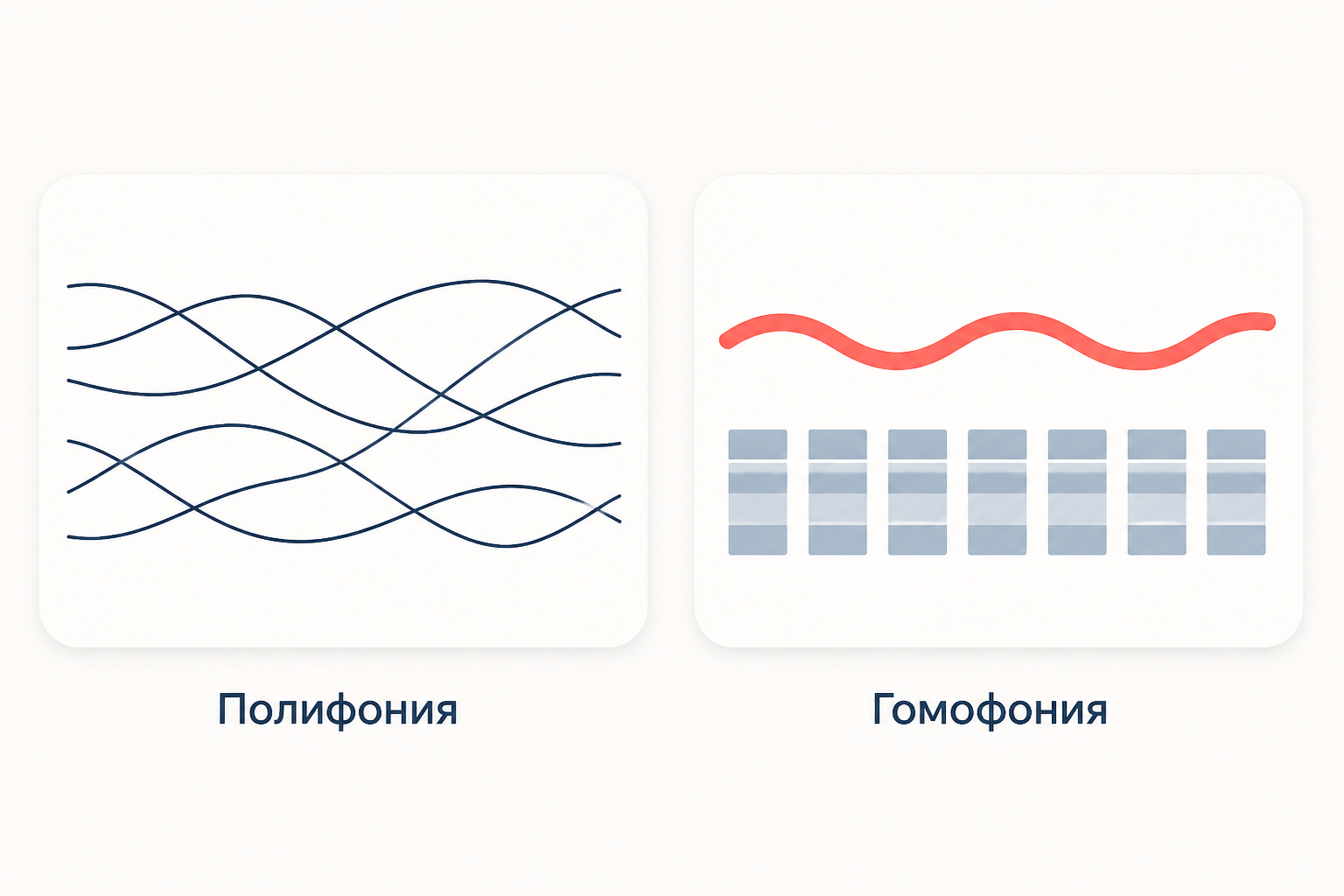 Слева переплетённые равноправные линии полифонии, справа одна ведущая мелодия над блоками аккордового сопровождения