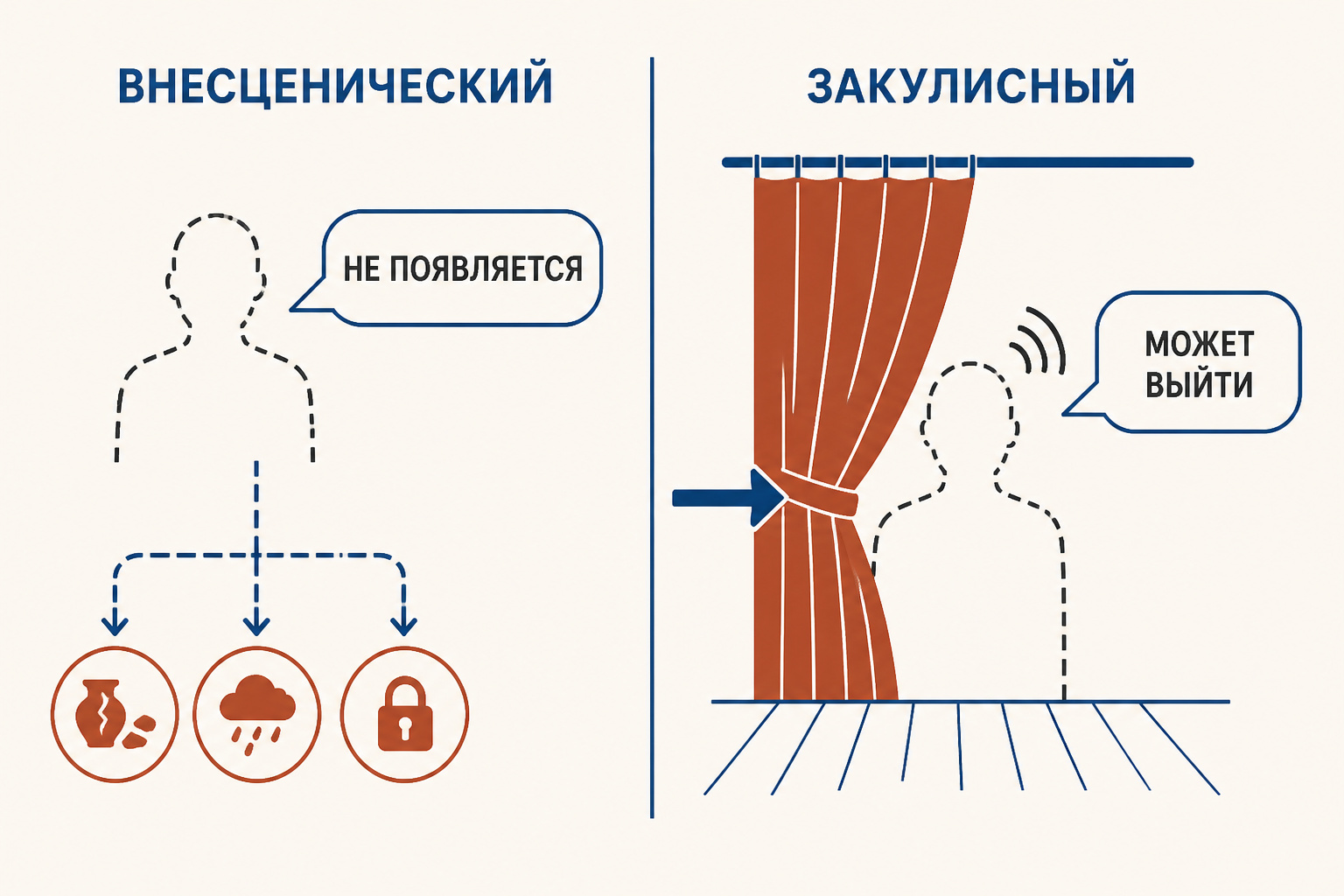 Схема различия: внесценический персонаж не появляется, а закулисный может выйти из-за кулисы