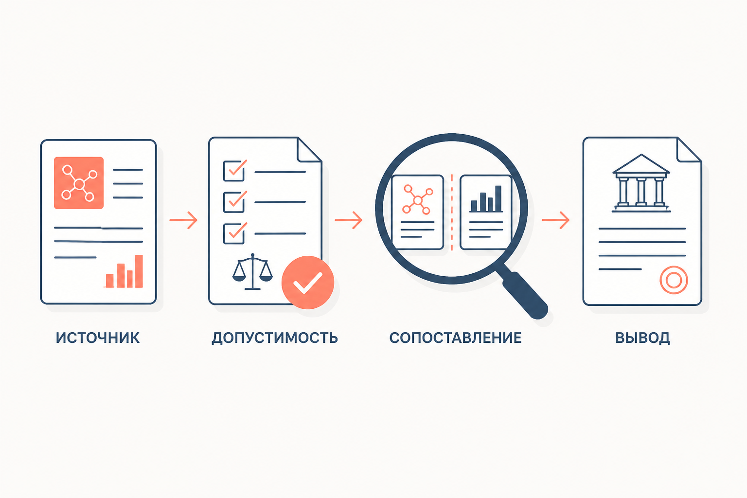 Схема проверки доказательства: источник, законность получения, сопоставление и мотивированный вывод