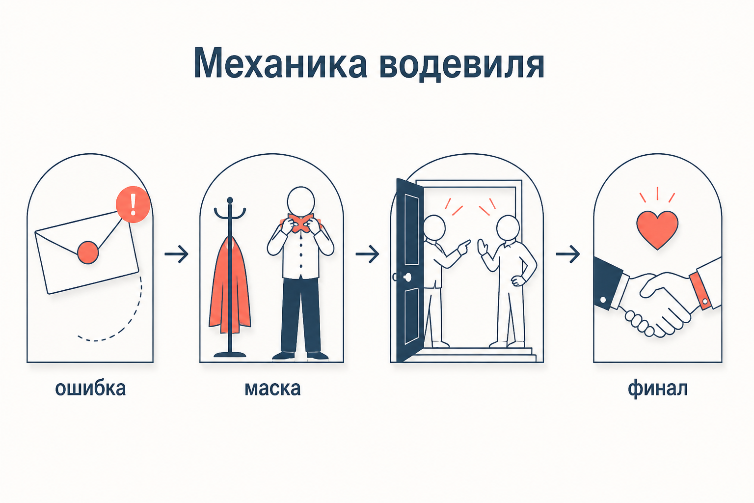 Механика водевиля: ошибка, переодевание, разоблачение и финальное примирение