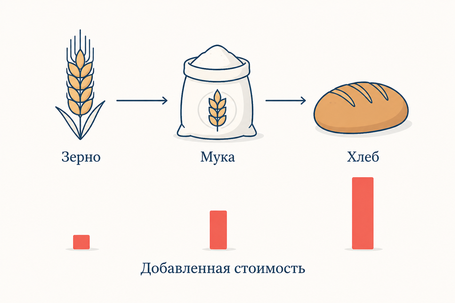 Цепочка зерно, мука, хлеб: на каждом переделе к продукту добавляется своя часть стоимости, и в ВВП попадает только сумма этих приростов