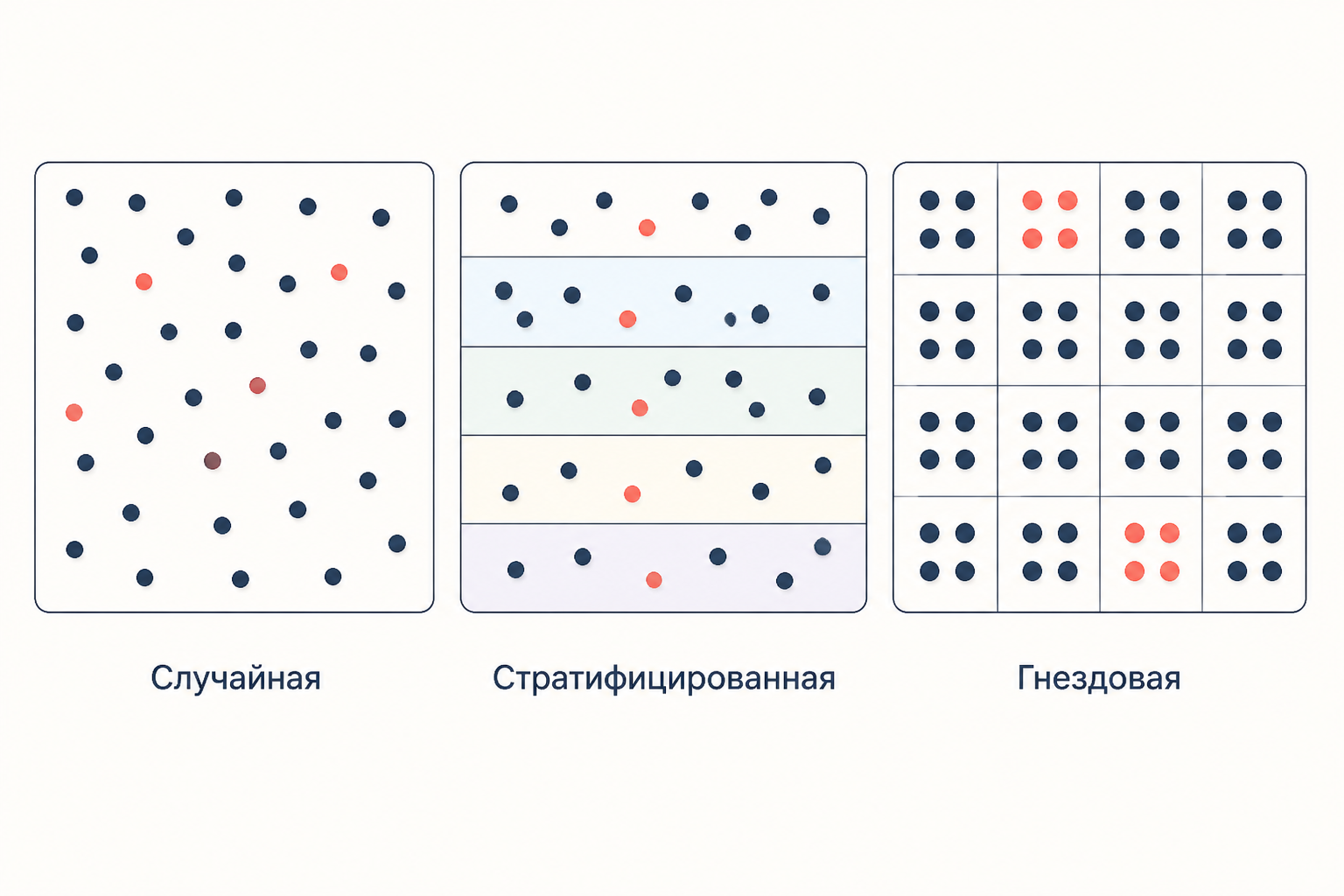 Три схемы вероятностного отбора: простая случайная, стратифицированная по слоям и гнездовая по группам